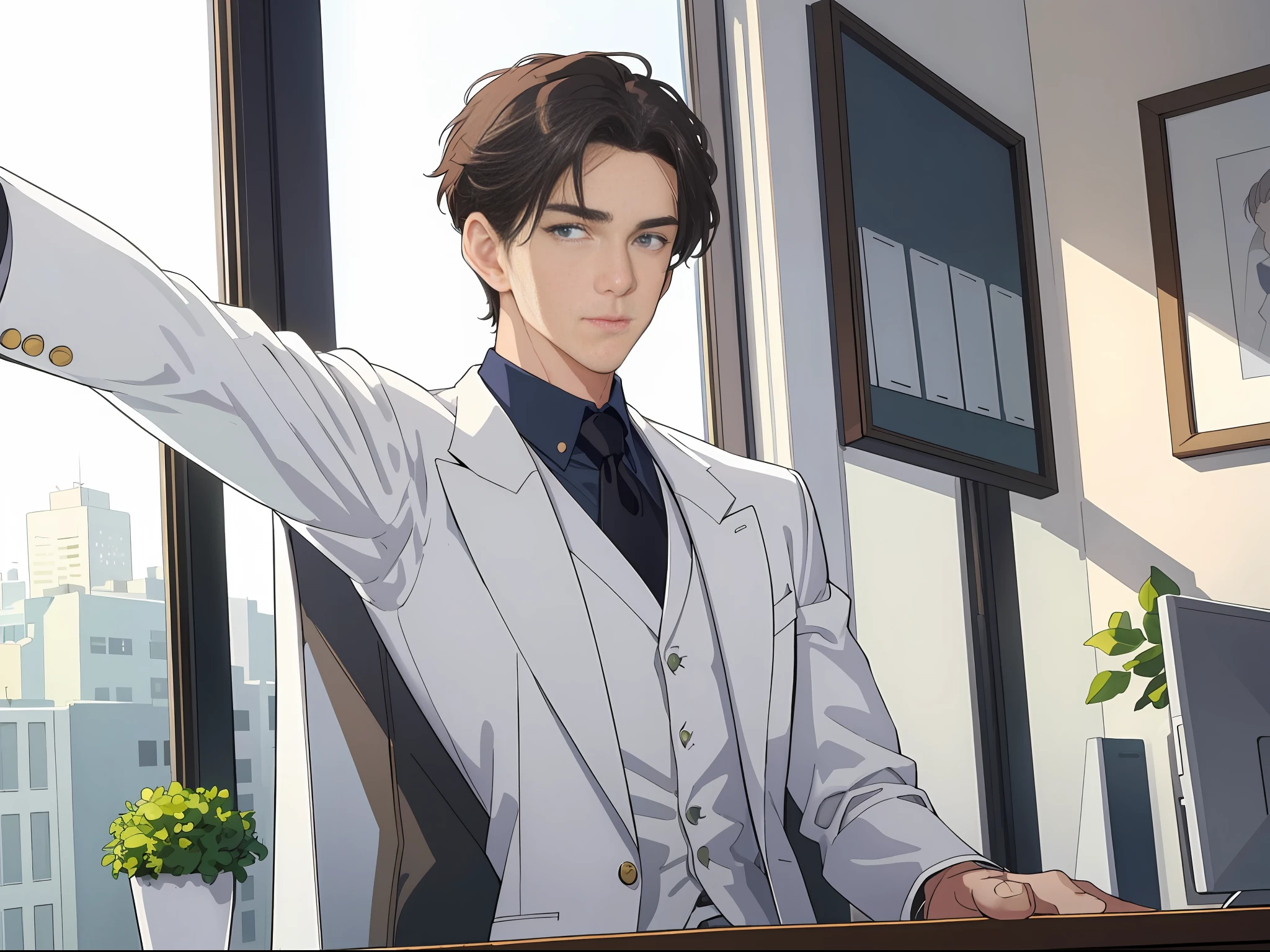 ((masterpiece:1.2, best quality)), 4k, 1man, adult, mature, handsome, extremely short hair, forehead, white suit, portrait, extremely detailed face, (muscle: 1.4, broad shoulders: 1.4, regular body) (sitting in office 1.5) (view from window)