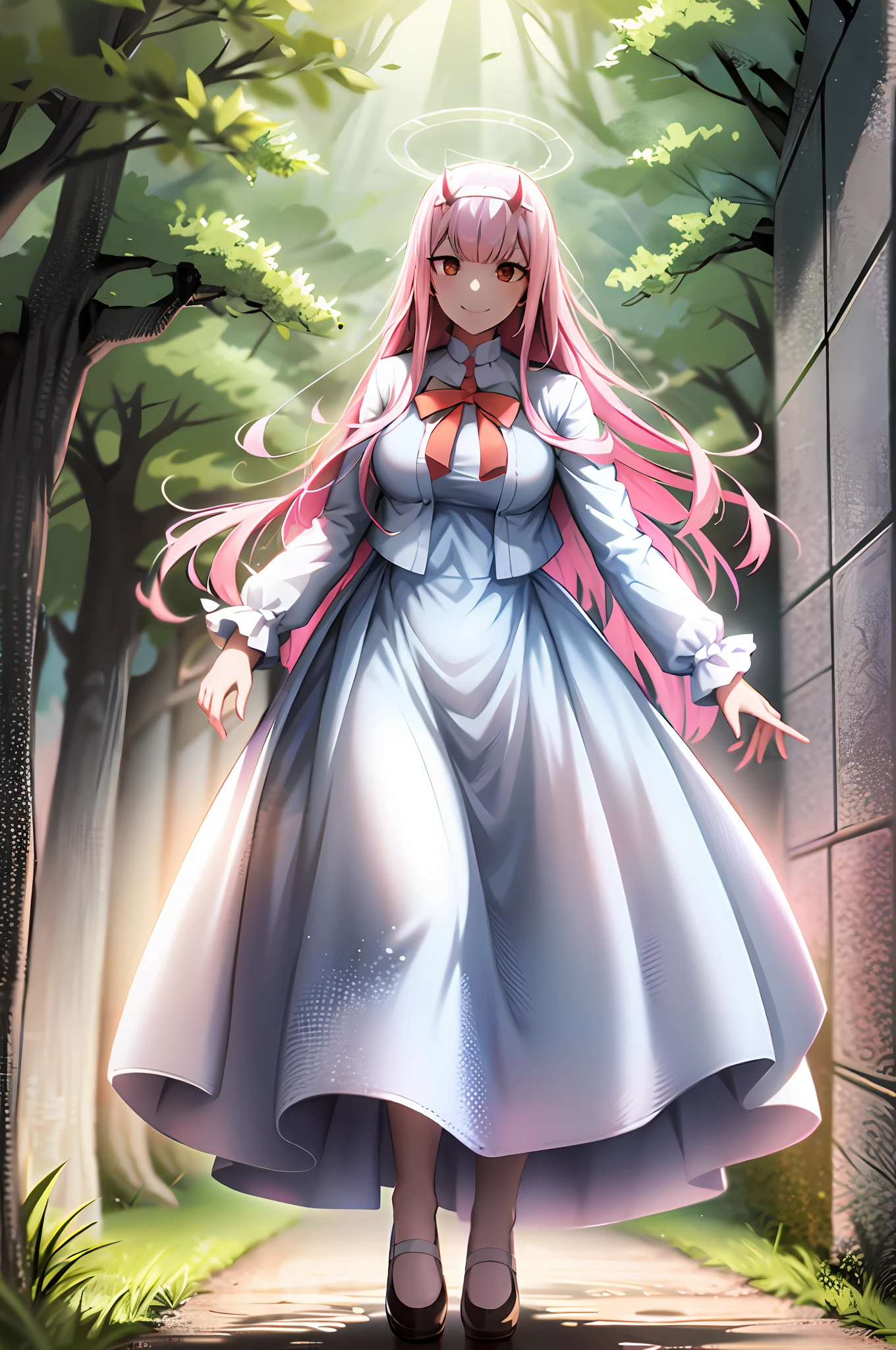 long dress, oni girl, zero two, white dress, white dress, angel halo, rainbow halo, full body, portrait, medium breast, walking, forest, coat, vest, buttlern long skirt, Victorian fabrics, smile ,happy