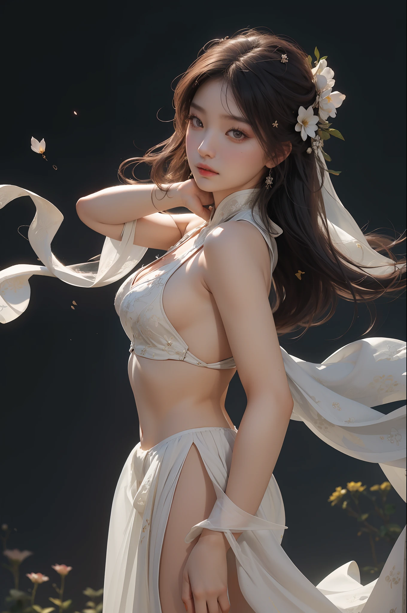 nsfw, zhongfenghua, 1girl, solo, hanfu, ancient_chinese_architecture, flower field, blossom, (white smoke:1.3) (photorealistic:1.4), zentangle, mandala, entangle, official art, unity 8k wallpaper, ultra detailed, beautiful and aesthetic, masterpiece,best quality, (dynamic angle:1.4), glowing skin, (floating colorful sparkles:1) the most beautiful form of chaos, elegant, a brutalist designed, vivid colours, romanticism depth of field exotic_dance, half_naked