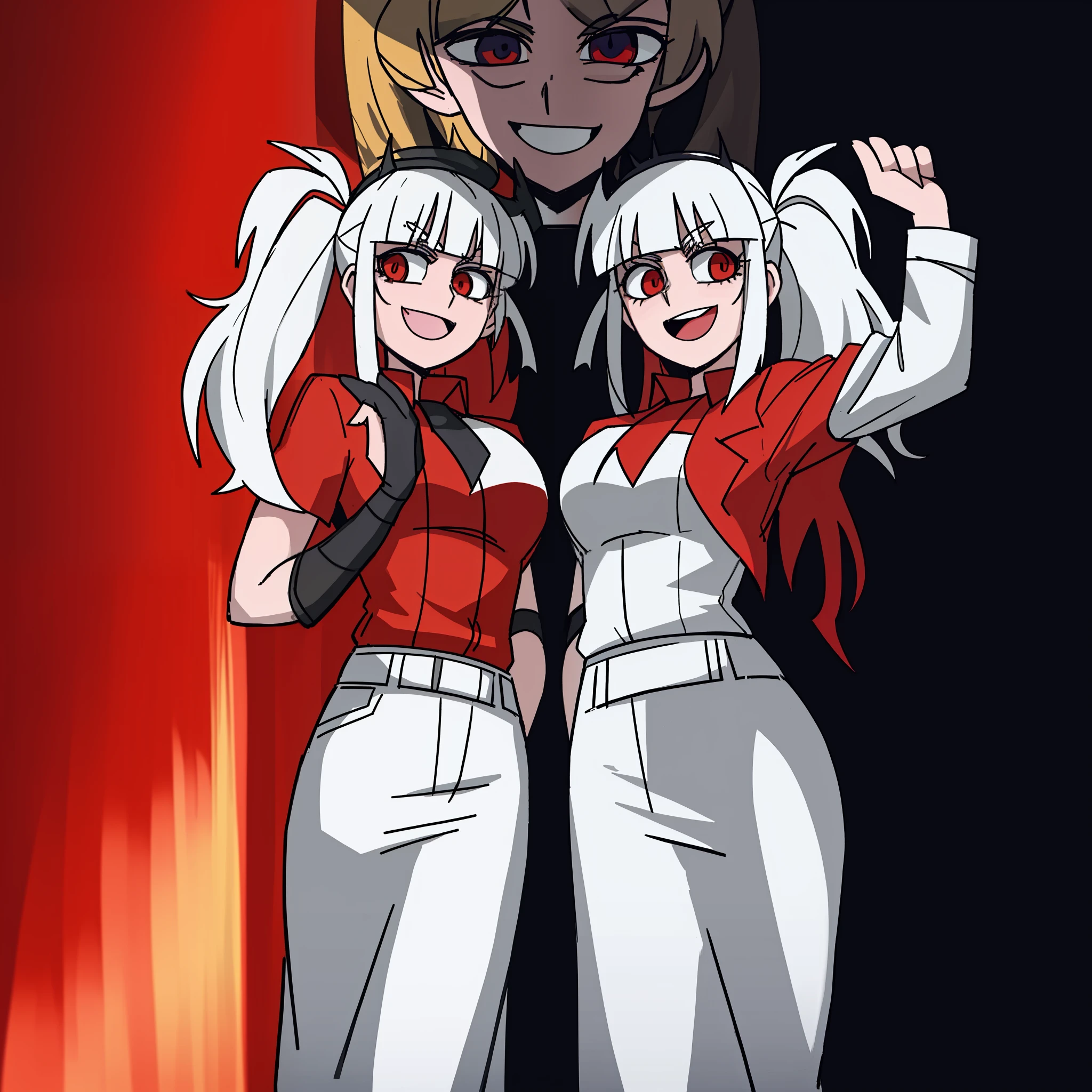 2d, masterpiece, best quality, highly detailed eyes, highly detailed face, cowboy shot, feet out of frame, 2girl, standing, black background, red background, helltaker, azazel \(helltaker\), white shirt, white pants, golden trim, halo, angel, black hair, short hair, white ribbon, hair ribbon, light blue eyes, looking at the viewer, smile, open mouth, hand on own face, Direct Rogue vs Demon Woman