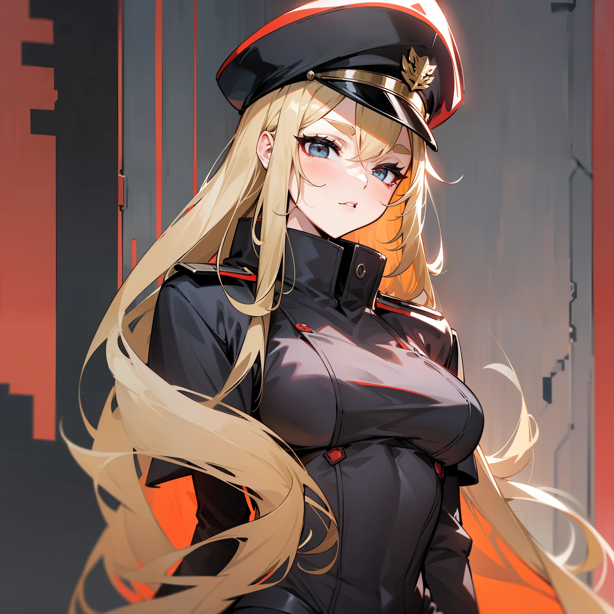 Female captain, red and black soldier hat, long blonde hair, soft eyebrows, crisp face, black coat over shoulders, leotard, black tights