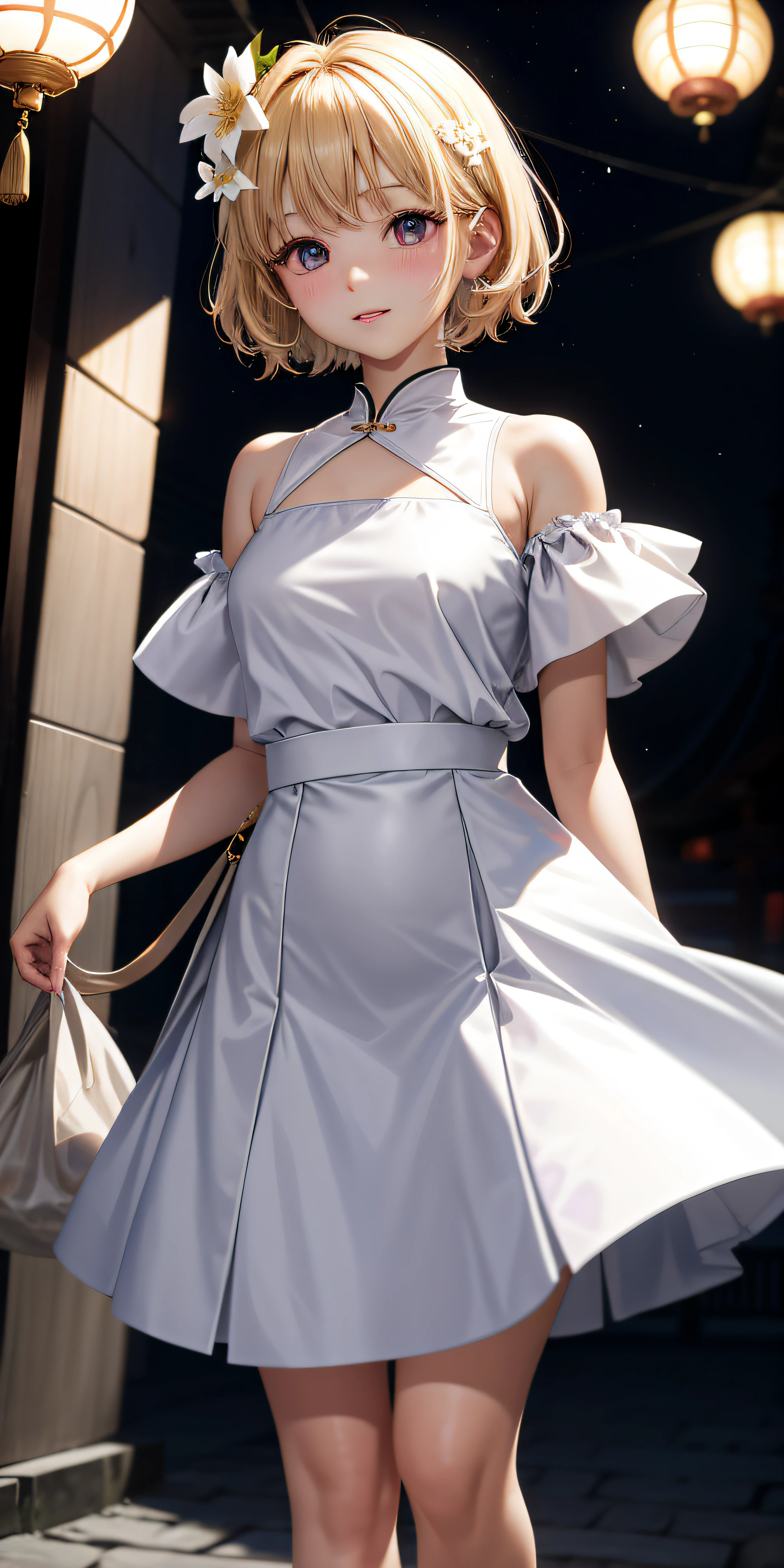 real、1 girl、Golden short-haired、Purple eyes、glowing eyes、Cropped Top、skirts、Parted lips、blushing、night、blossom、sun、sunlight、white skirt、short skirt、Short-cut hair、real、Warm colors、White long dress、white clothes、Light background color、Japan-China environment、Light color background、Saudi、Sea、Cutes、