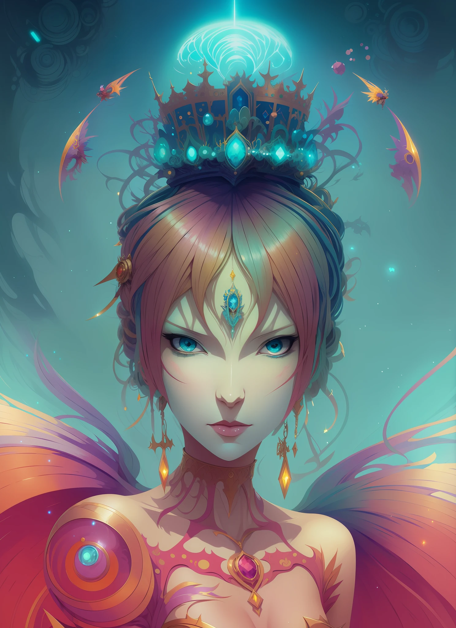 anime - style painting of a woman with a crown on her head, beeple and jeremiah ketner, colorfull digital fantasy art, digital 2d fantasy art, anime fantasy artwork, beautiful digital artwork, detailed digital 2d fantasy art, karol bak and peter mohrbacher, exquisite digital illustration, a beautiful artwork illustration, peter mohrbacher style