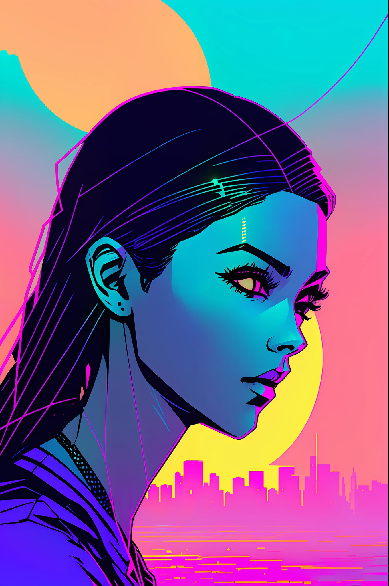 (nvinkpunk: 1.2) (synth wave style: 0.8) Beautiful petite vaporpunk girl, bust, light wave, sunset, intricate, highly detailed, edged light