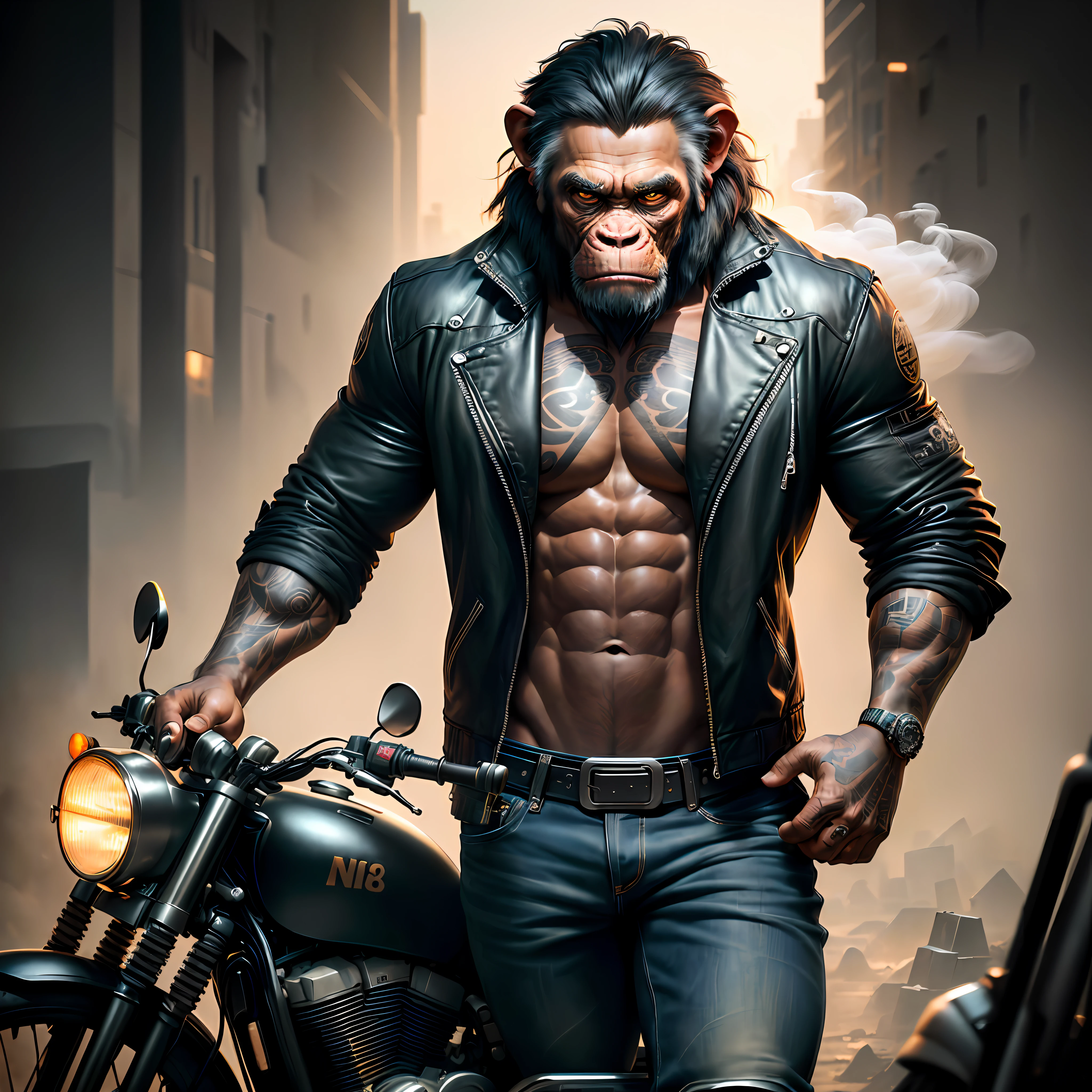 Masterpiece, (Super Detailed), (Animal Anthropomorphism), Gangster Theme, Chimpanzee, Jacket, Dim Light Motorcycle Riding, Tattoos, Machine Gun, Smoke, Shadows, Destroyed Cityscape, Highest Quality, Solo Focus, (lean: 1.04), muscular man, full body, intricate.， Lee Jeffries Nikon d850 film stock photography 4 camera kodak portra 400 f1.6 lens rich colors hyper realistic realistic texture dramatic lighting unreal engine trends on artstation cinestill 800 (vignette: 1.3), Filmgrain