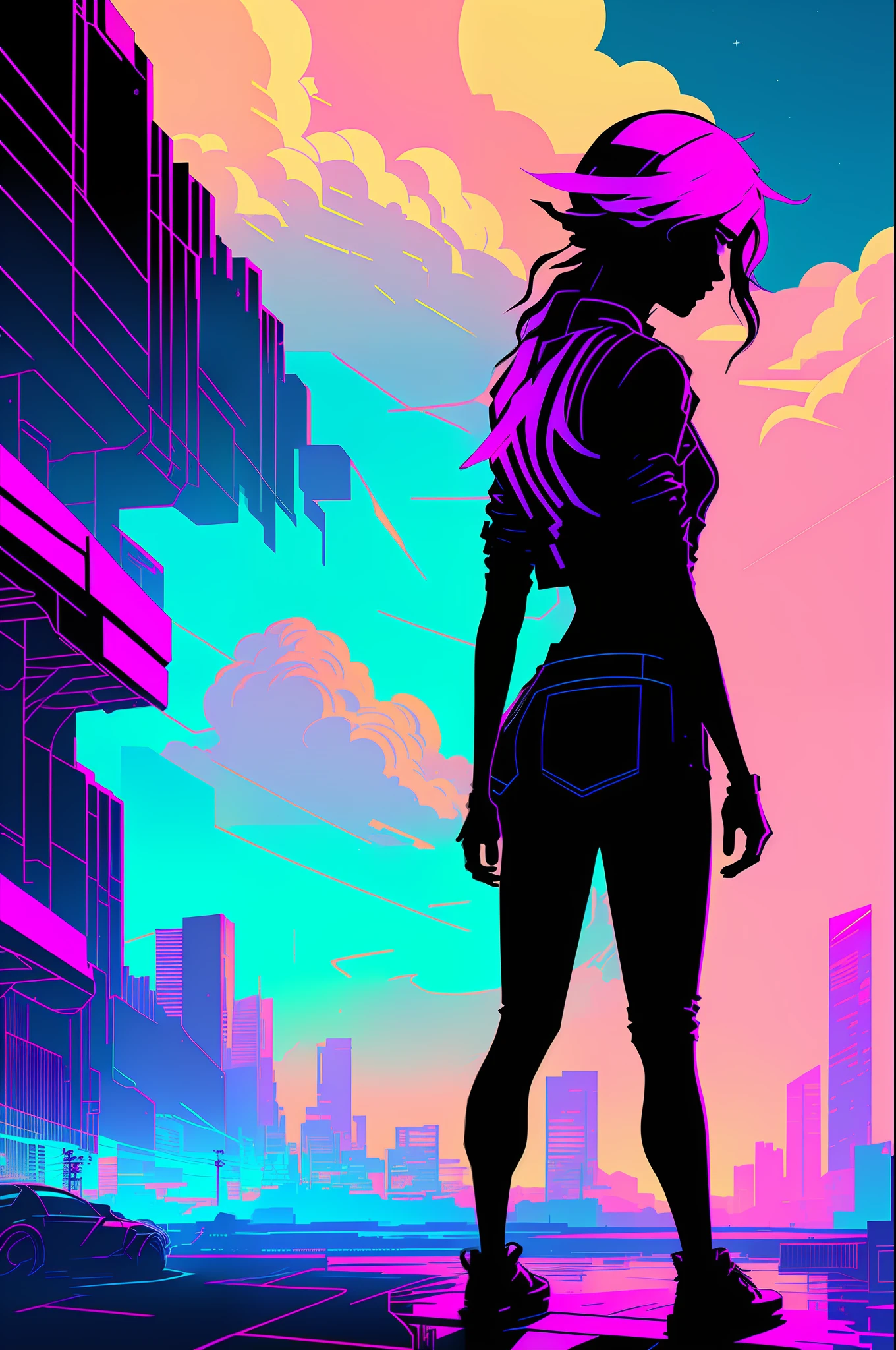 (nvinkpunk: 1.2) (synth wave style: 0.8) Beautiful ite vaporpunk girl, bust, light wave, sunset, intricate, highly detailed, edged light