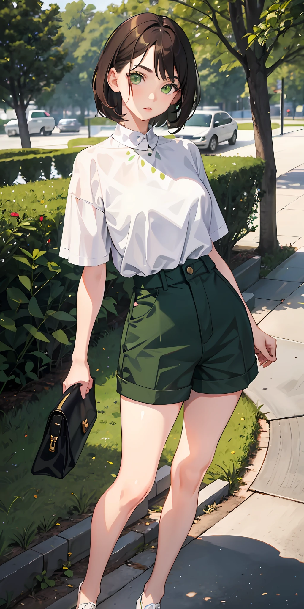 1girl, green eyes, full body, park as a background, very short brown hair, big boobs, white skin, green shirt, shorts, long eyelashes, eyeshadow, small face, big eyes