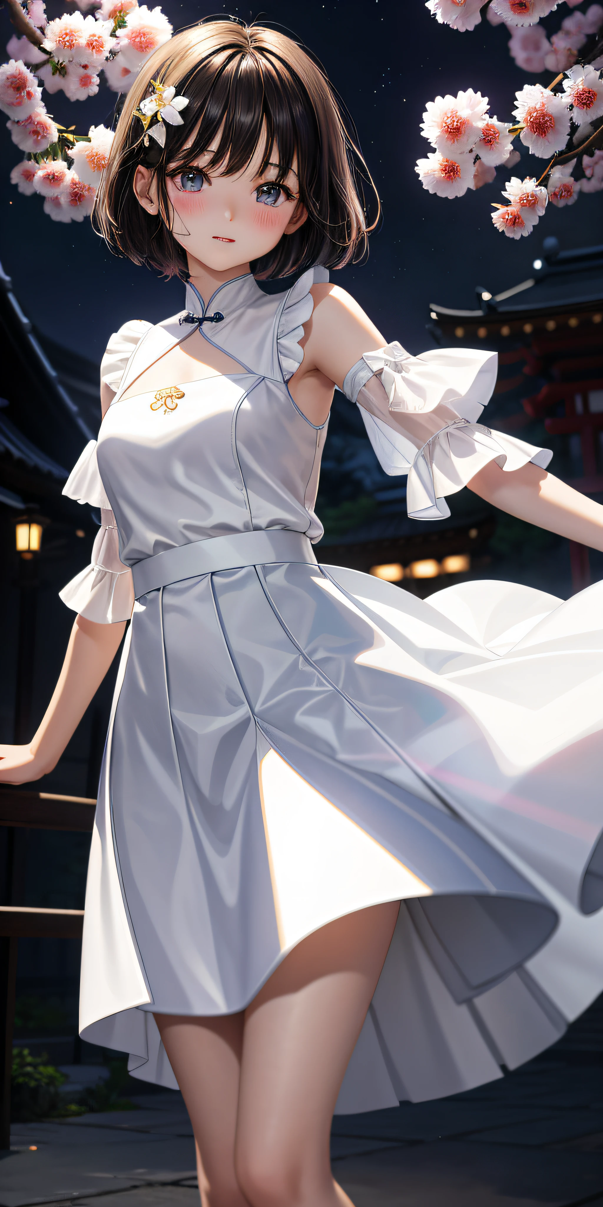 real、1 girl、Golden short-haired、Purple eyes、glowing eyes、Cropped Top、skirts、Parted lips、blushing、night、blossom、sun、sunlight、white skirt、short skirt、Short-cut hair、real、Warm colors、White long dress、white clothes、Light background color、Japan-China environment、Light color background、Saudi、Sea、Cutes、