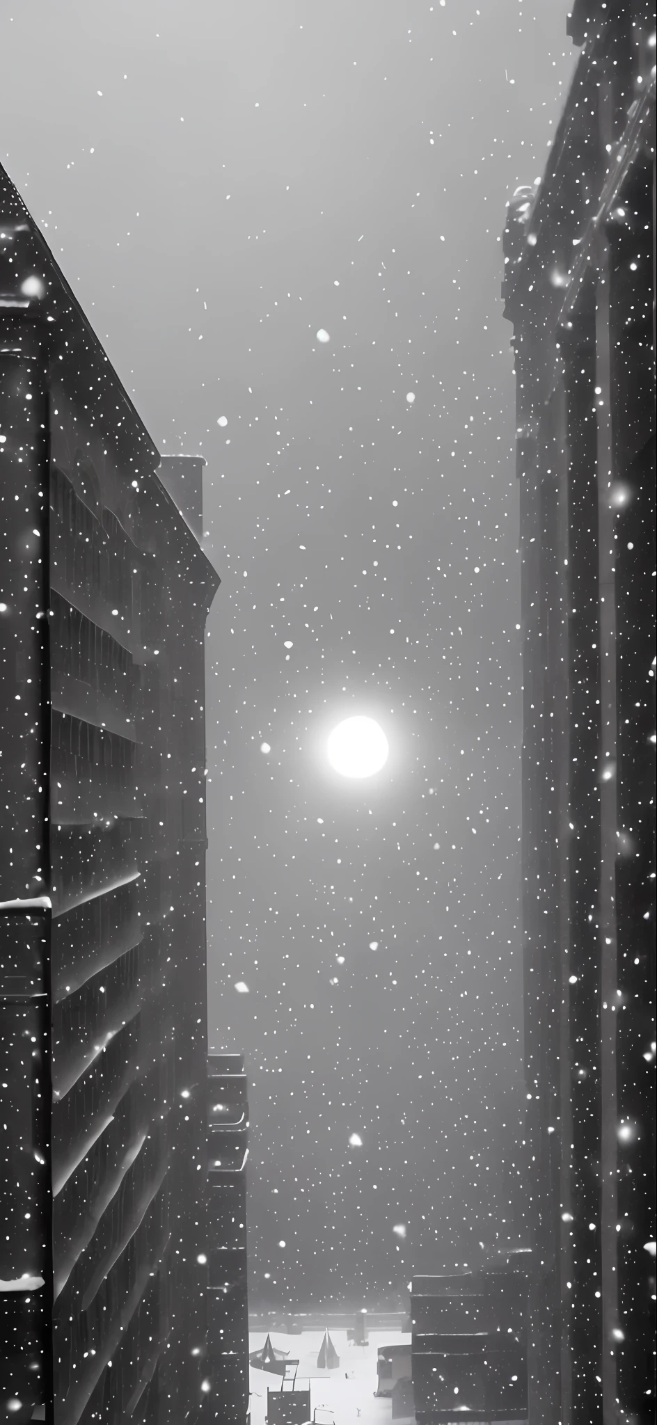 araffes snow falling down on a building in the night, snow falling, grainy footage, snowfall at night, snow is falling, snowflakes falling, falling snow, grainy black and white footage, moonlight snowing, snowing, snow flurry, outside in snow snowing, heavy snow fall, snowing outside, snowfall, floating dust particles