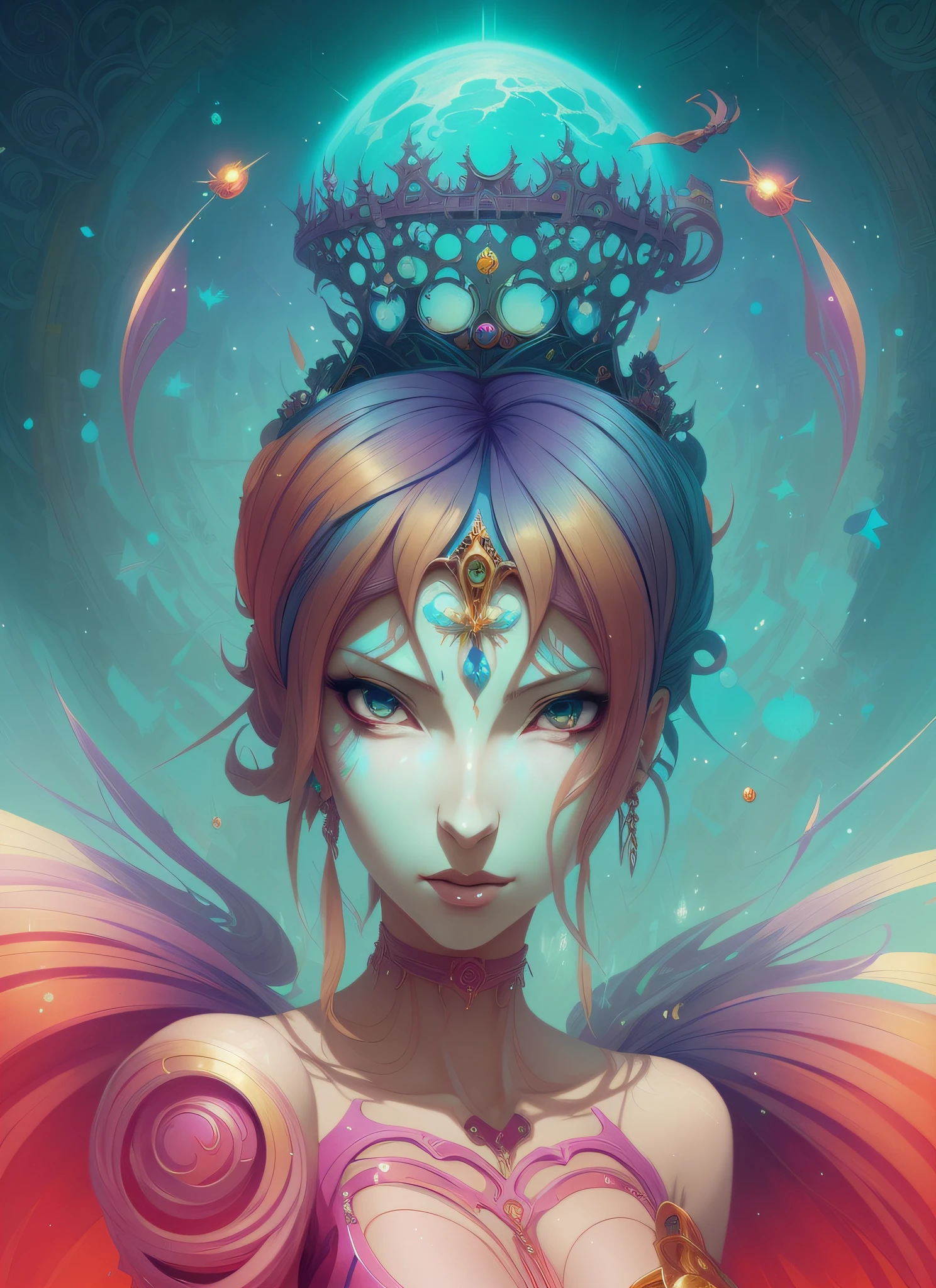 anime - style painting of a woman with a crown on her head, beeple and jeremiah ketner, colorfull digital fantasy art, digital 2d fantasy art, anime fantasy artwork, beautiful digital artwork, detailed digital 2d fantasy art, karol bak and peter mohrbacher, exquisite digital illustration, a beautiful artwork illustration, peter mohrbacher style