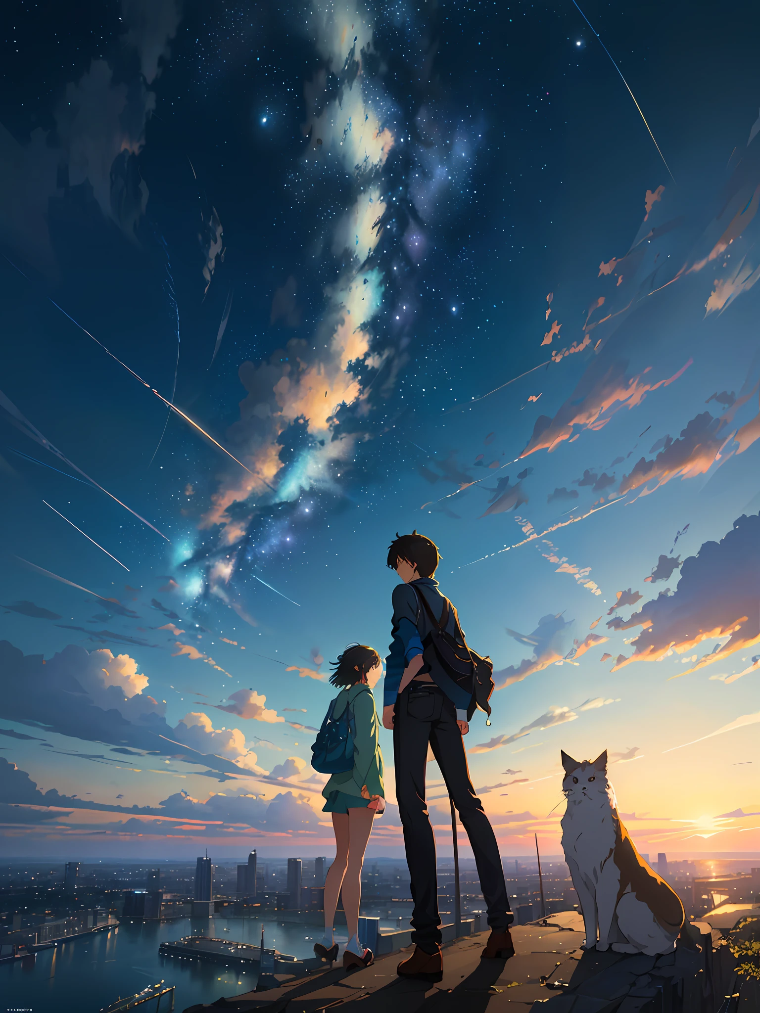 Summer, Makoto Shinkai&#39;s concept art, tumblr, magic realism, beautiful anime scenes, beautiful skies. by makoto shinkai, ( ( makoto shinkai ) ), anime background art, anime backgrounds, Makoto Shinkai&#39;s style, anime movie backgrounds, galaxy express, no humans. --v6