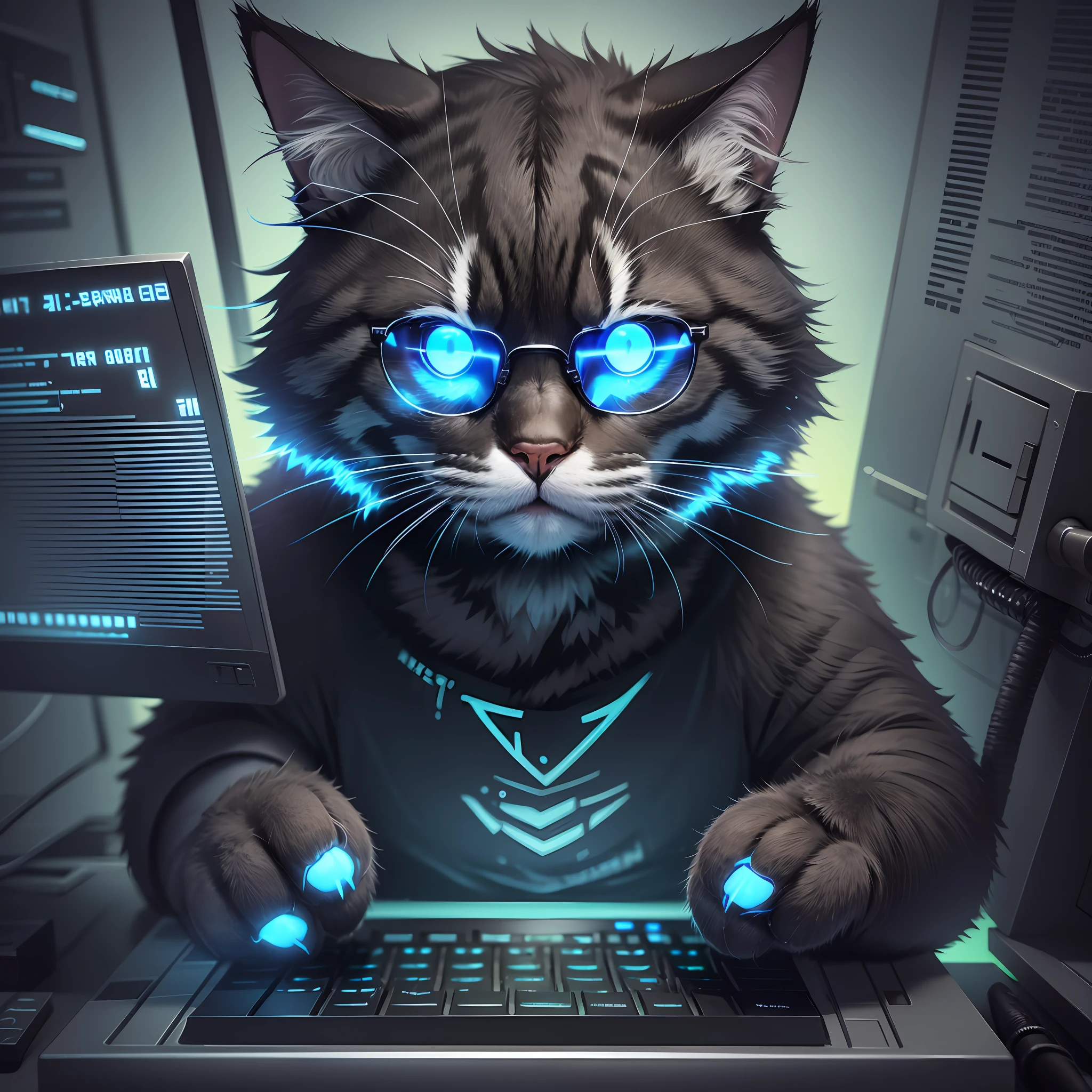 A hacker-style cat, wearing a T-shirt with the inscription "GR" in large letters on the front, sitting in front of a computer with a black screen and lines of bright green code running across the screen. The hacker cat is wearing sunglasses and has a concentrated expression on his face as he types on his keyboard with nimble paws. In the background, we can see a dark and futuristic environment, with a blue neon illuminating the scene. --auto --s2