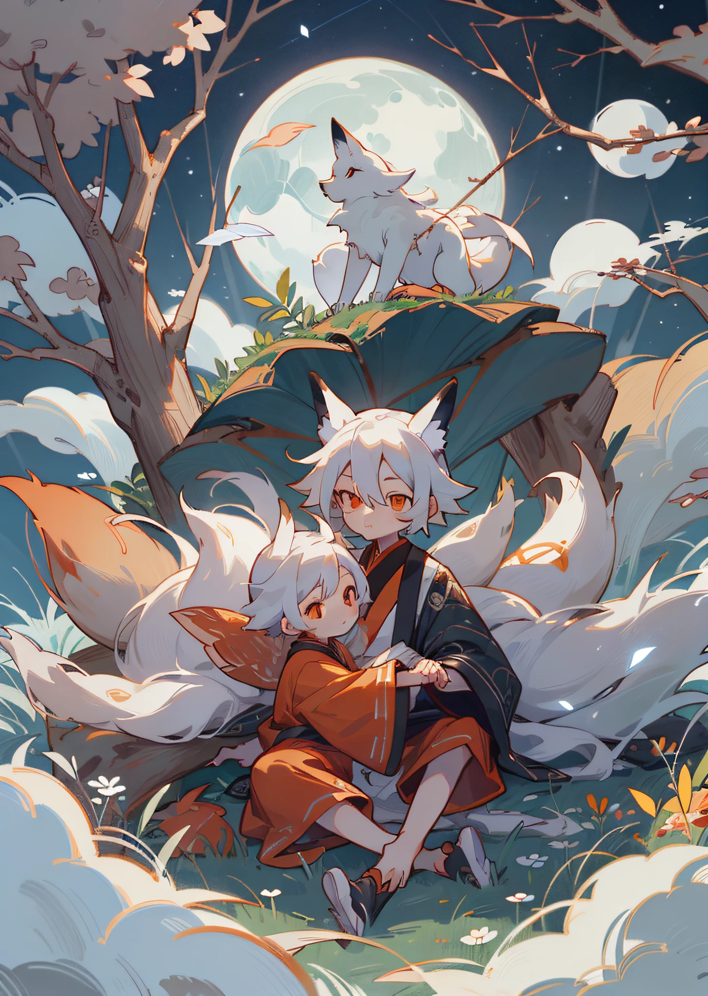 The background is a super large moon, a fox with white hair sitting on a branch under the stars, ( Boy: 1.5), Red Clothes, Ethereal Fox, Nine-Tailed Fox, Dreamy, Millennium Fox Demon, Onmyoji Detailed Art, Nine Tails, Beautiful Artwork Illustrations, Mythical Creatures, Foxes, Beautiful Digital Works of Art,