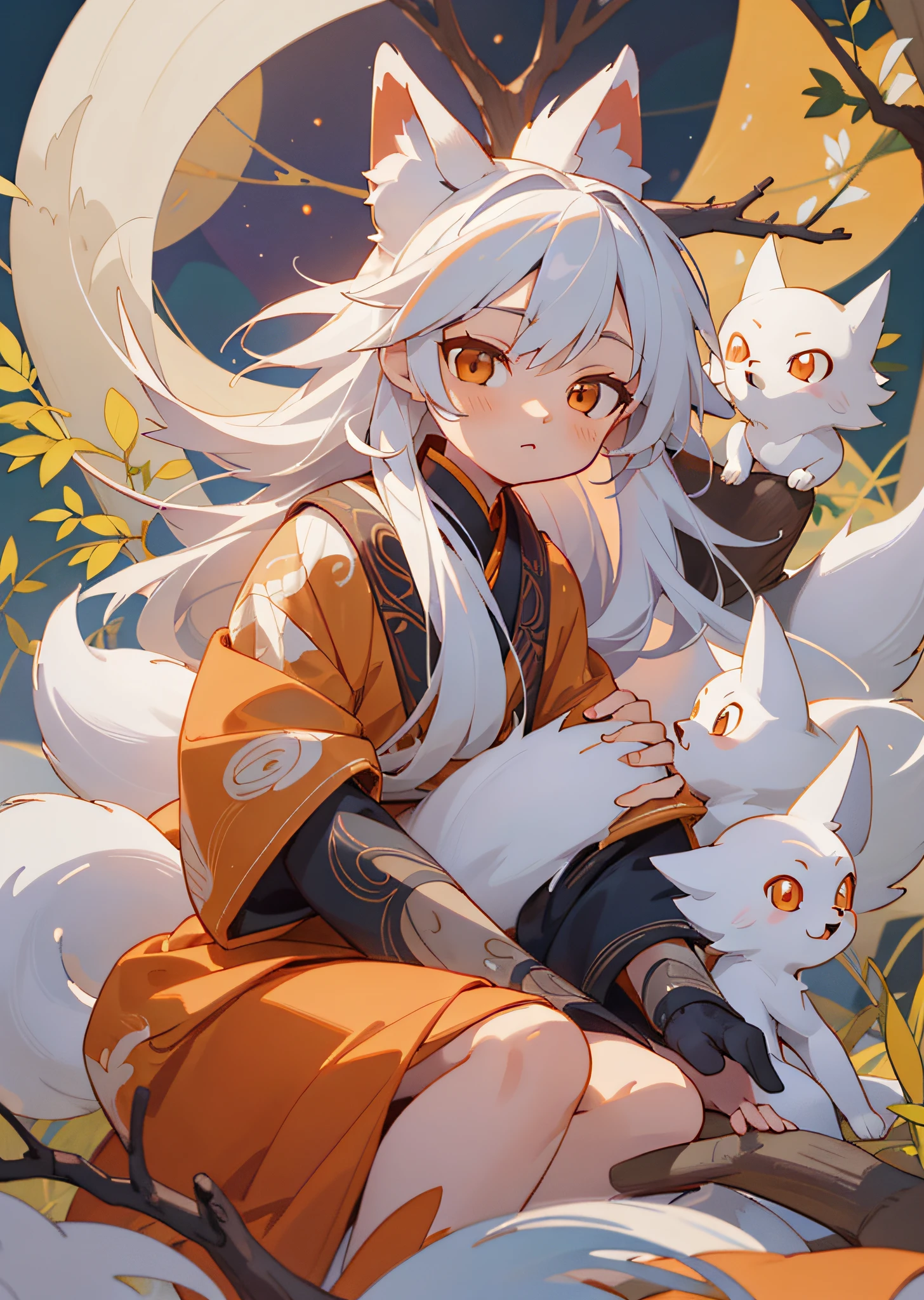 The background is a super large moon, a fox with white hair sitting on a branch under the stars, (: 1.5), Red Clothes, Ethereal Fox, Nine-Tailed Fox, Dreamy, Millennium Fox Demon, Onmyoji Detailed Art, Nine Tails, Beautiful Artwork Illustrations, Mythical Creatures, Foxes, Beautiful Digital Works of Art,