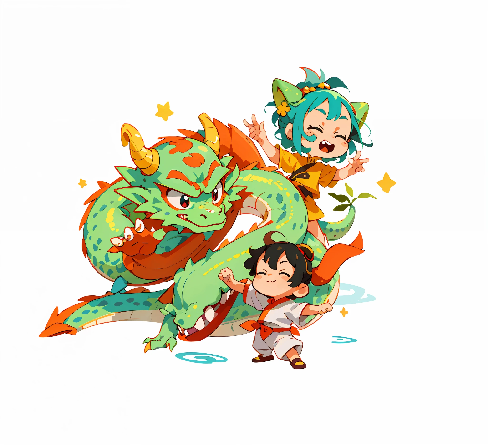 Single sticker, 1 sticker, three little dragons, cute little chinese dragon, chinese dragon, anthropomorphic, dragon lady, white background, no background, simple background, minimal, cute, tiny, pastel color, vector style, no gradient, multiple arrangement, unity, different movements, Studio Ghibli,