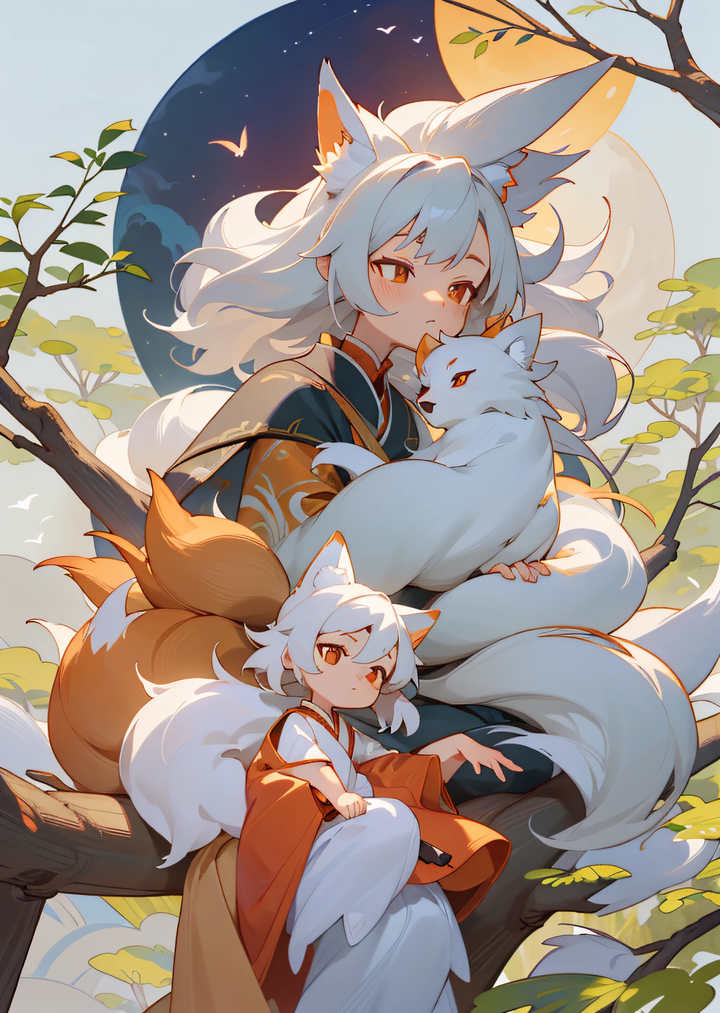 The background is a super large moon, a fox with white hair sitting on a branch under the stars, ( Boy: 1.5), Red Clothes, Ethereal Fox, Nine-Tailed Fox, Dreamy, Millennium Fox Demon, Onmyoji Detailed Art, Nine Tails, Beautiful Artwork Illustrations, Mythical Creatures, Foxes, Beautiful Digital Works of Art,