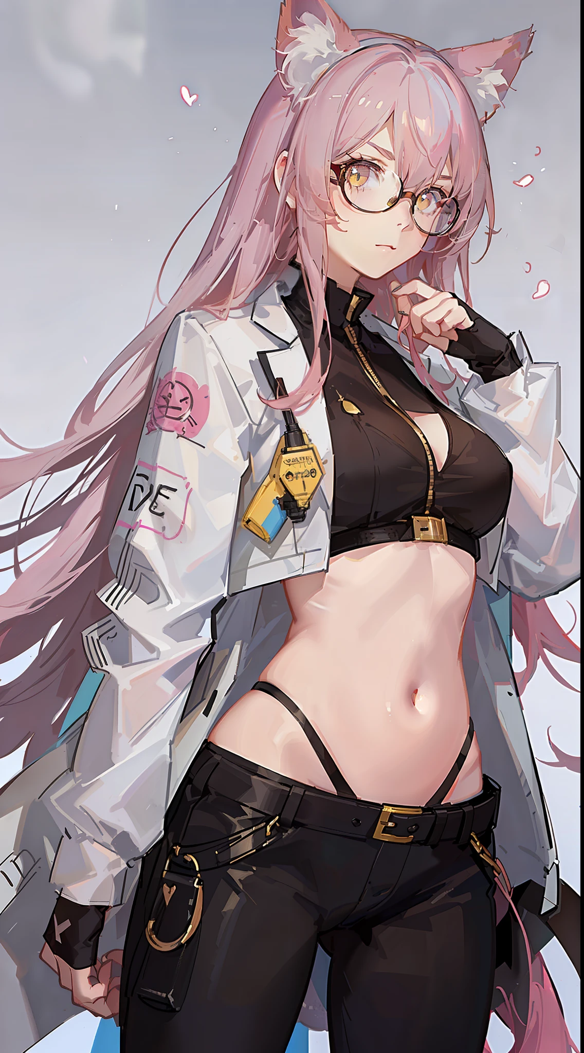 Young girl, long pink hair, yellow eyes, cat ears, glasses, lab coat, pants, open belly, serious look, masterpiece, high quality