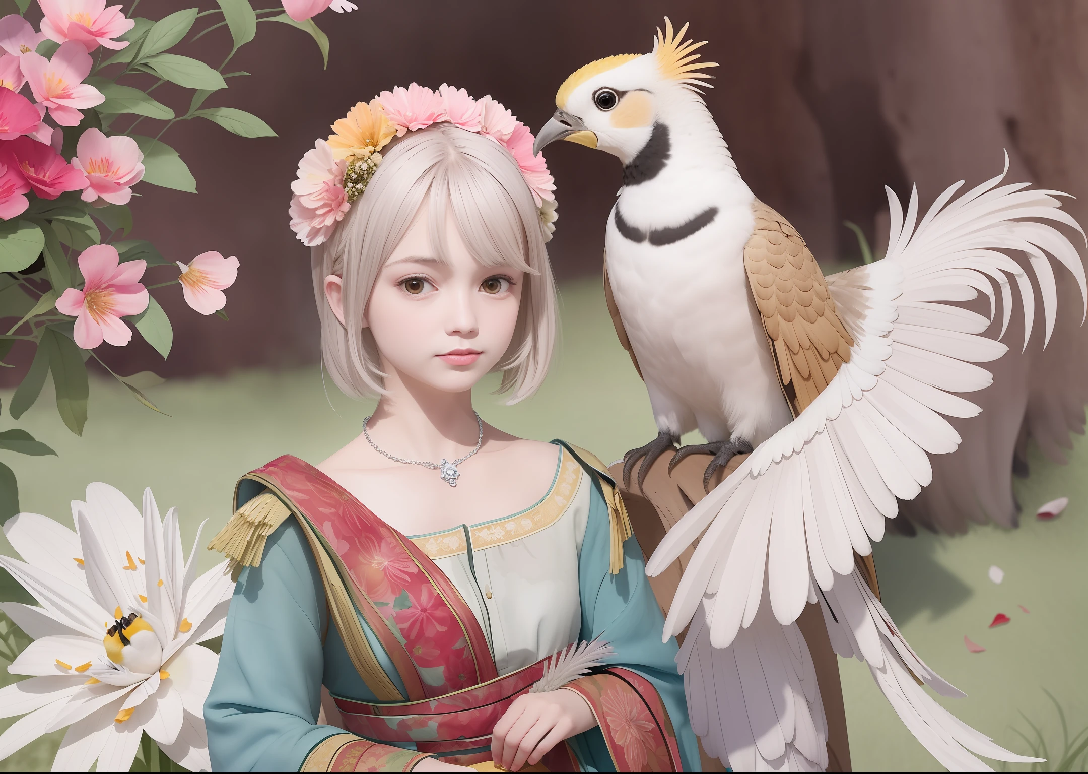 (8k) (best quality), watercolor, cockatiels playing with flower petals, flower petals