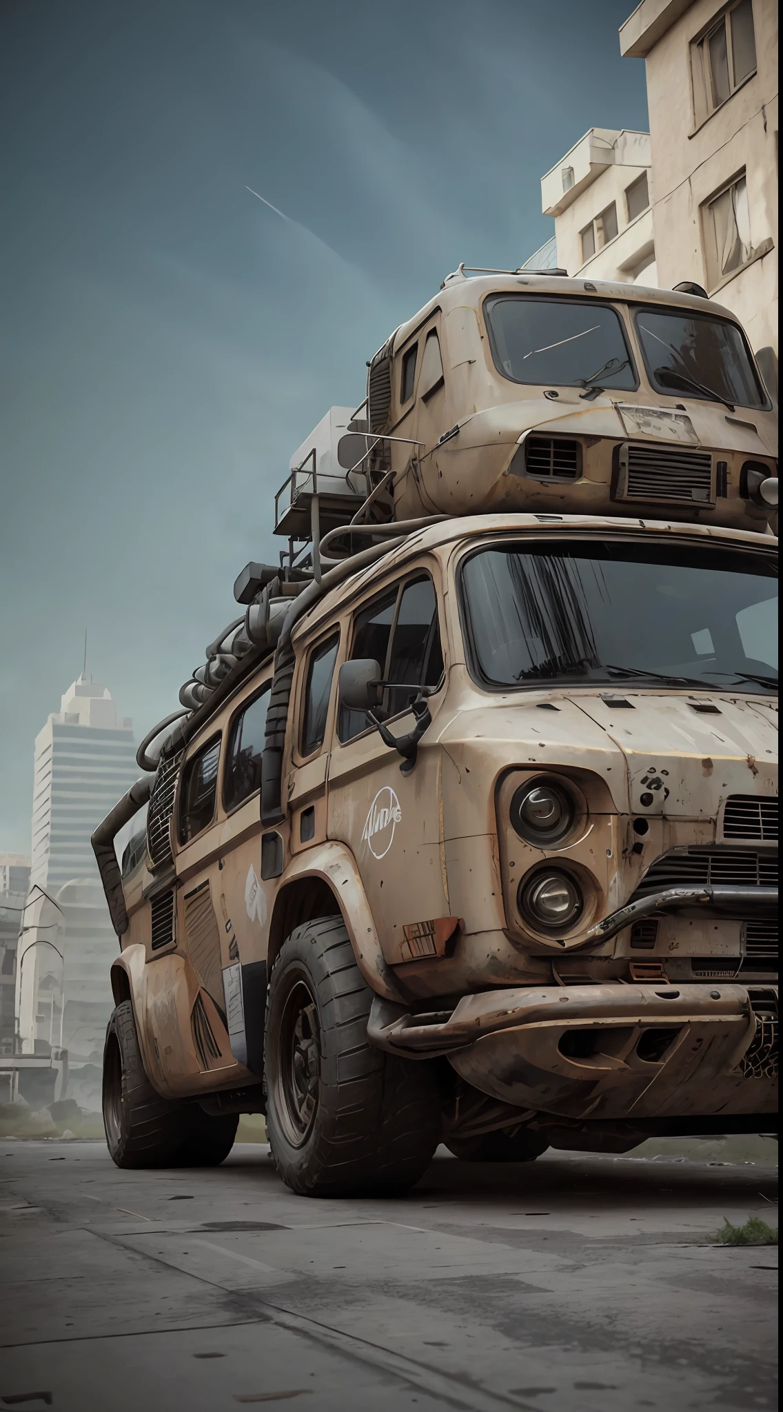 gopro shot of a (cyberpunk armored van) zeekars, 3/4 front view, wide angle action shot, post-apocalyptic, outdoors, night, road, destruction, urban decay, moonlight, full moon in background, masterpiece, photorealistic, 8k, high detail, dark theme,