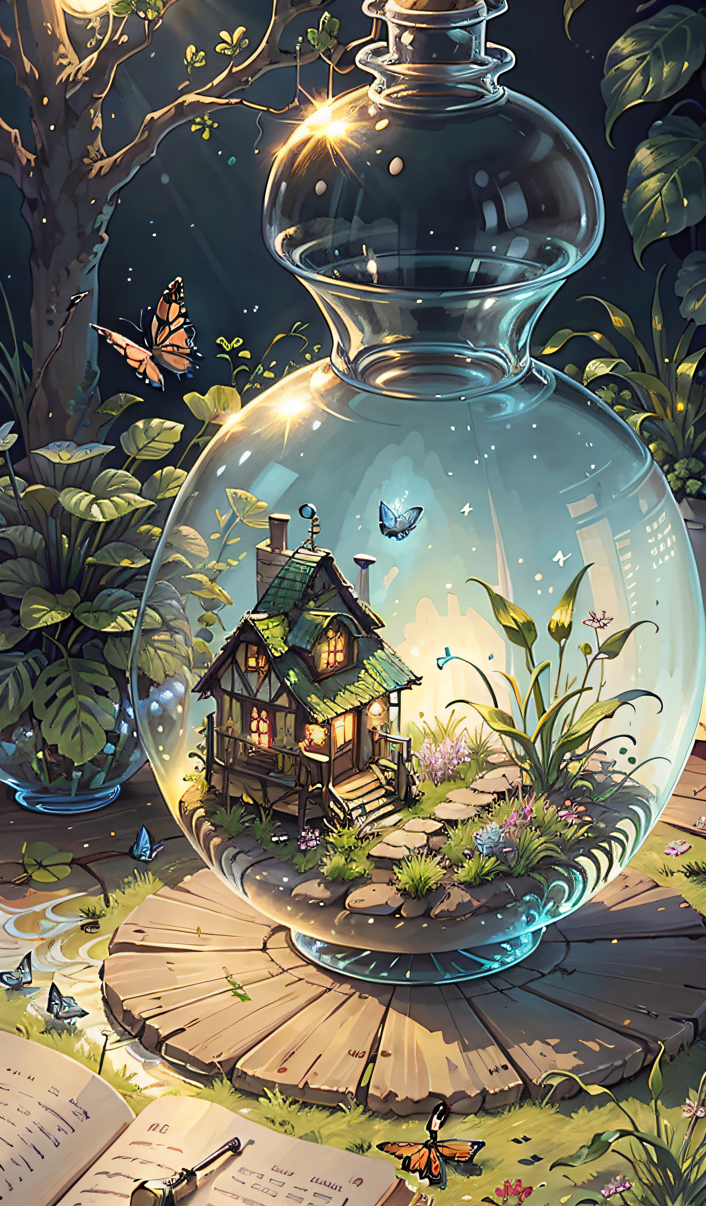 (Masterpiece, Best Quality: 1.2), (Super Detail), (Illustration), Wallpaper, Original, Round Bottom Flask, Grass, Vine, Water, Butterfly, Nature, Shining, Surrounded by Light, Terrarium, RPG Style, Cartoon, Fantasy, Mobile Game, (Shining)