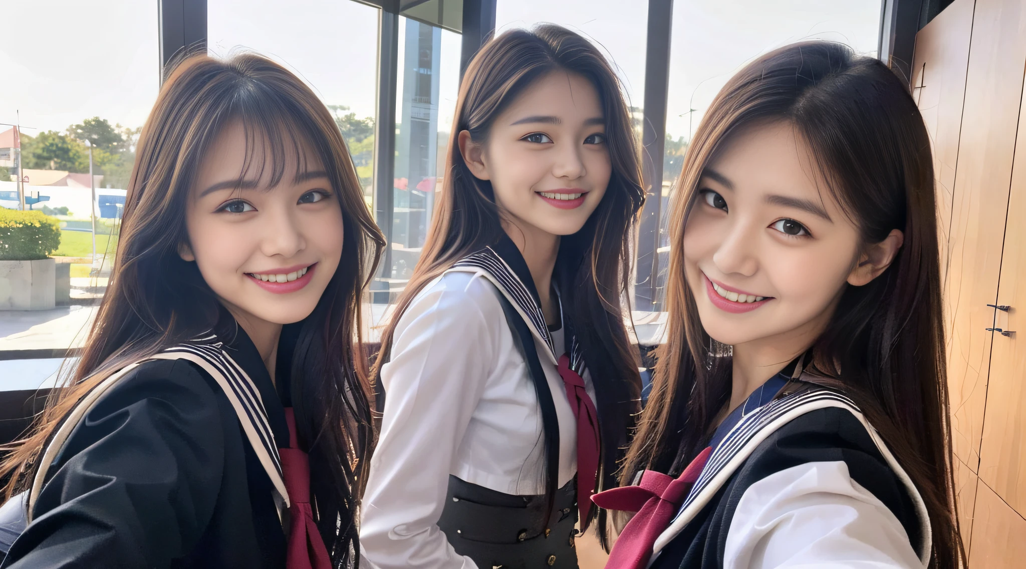 (8k, RAW photo, highest quality, masterpiece: 1.2), super detail, super resolution, (realistic, real photo: 1.37), (photorealistic: 1.6), portrait, high resolution RAW color photo, professional photo, very detailed and beautiful, touching hair (showing teeth and smiling), beautiful full moon (posing to show sides) Schoolyard at night with beautiful full moon, night sky is beautiful, Cute pose, super high quality, 8k wallpaper, amazing cute smile, transcendent cute face, amazing details, red scarf, very detailed beautiful girls, different pattern face, having a conversation in school classroom, light shining hair, one is a ponytail, modern cute schoolgirl, very detailed face very detailed eyes, very realistic skin, very detailed fingers, very detailed nose, very detailed mouth, perfect anatomy, highly detailed sailor suit, very detailed background, after school, smiling school girls gather in the hallway of the school. They are in uniform, bathed in moonlit nights, revealing the details of their hair and uniforms. They enjoy chatting in natural poses and seem to have memorable conversations. Smiling faces, fun spreads in the hallway, long straight hair, (dull bangs: 1.2), , schoolgirl youth Celebrity-level cuteness , (pink eye shadow)