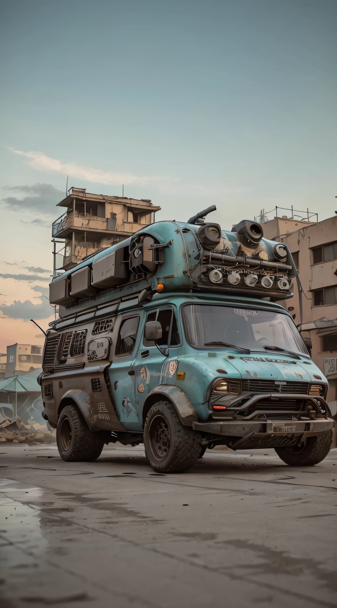 gopro shot of a (cyberpunk armored van) zeekars, 3/4 front view, wide angle action shot, post-apocalyptic, outdoors, night, road, destruction, urban decay, moonlight, full moon in background, masterpiece, photorealistic, 8k, high detail, dark theme,