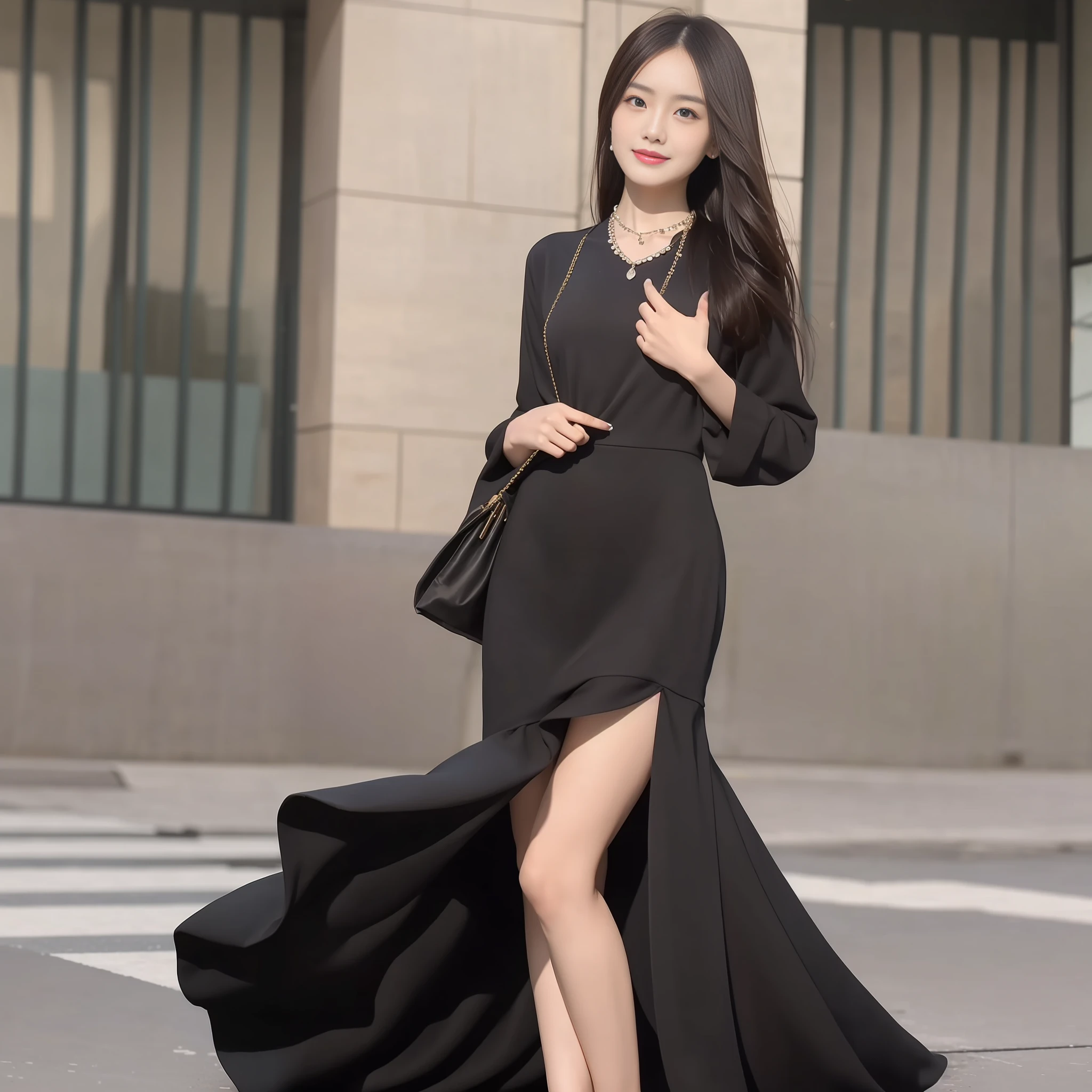 (Best quality, 8k, 32k, masterpiece, UHD: 1.2), photo of beautiful Chinese woman, (detailed face: 1.1), simple black suit, looking at the audience, full body photo: 2, necklace, dress shirt, smile, lower body long skirt, slim figure, long legs, crystal high heels: 2, height 1.7m