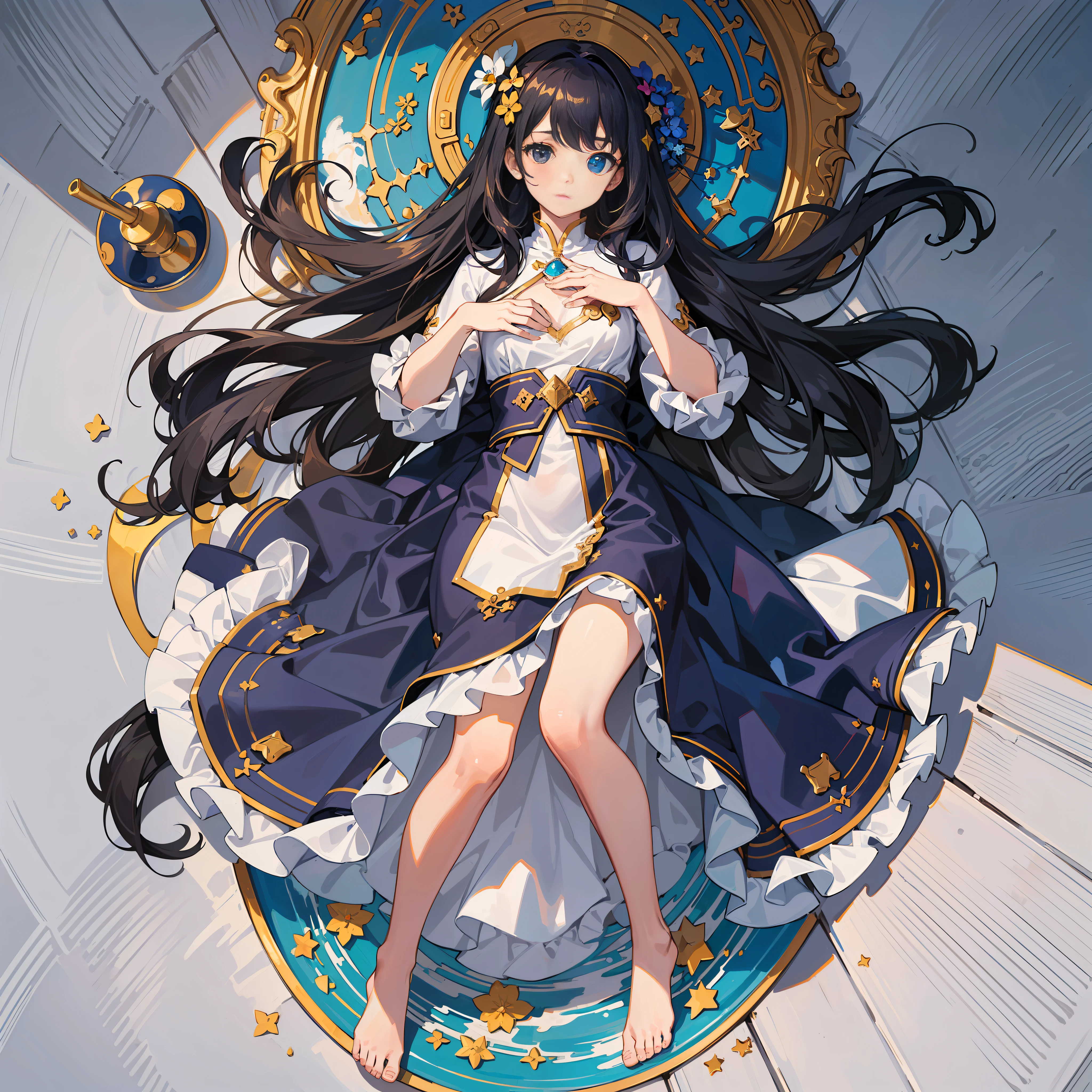 round image,(masterpiece:1.3), (the best quality:1.2), (super fine illustrations:1.2), (Masterpiece), high quality, high detail,(SOLO:1.4),((round image)),[(game character portrait:1.2):5], {1 girl},{solo},(((full body))),{{{only five fingers}}},long hair,whole body,look at viewer, from above,(hide hands:1.2),