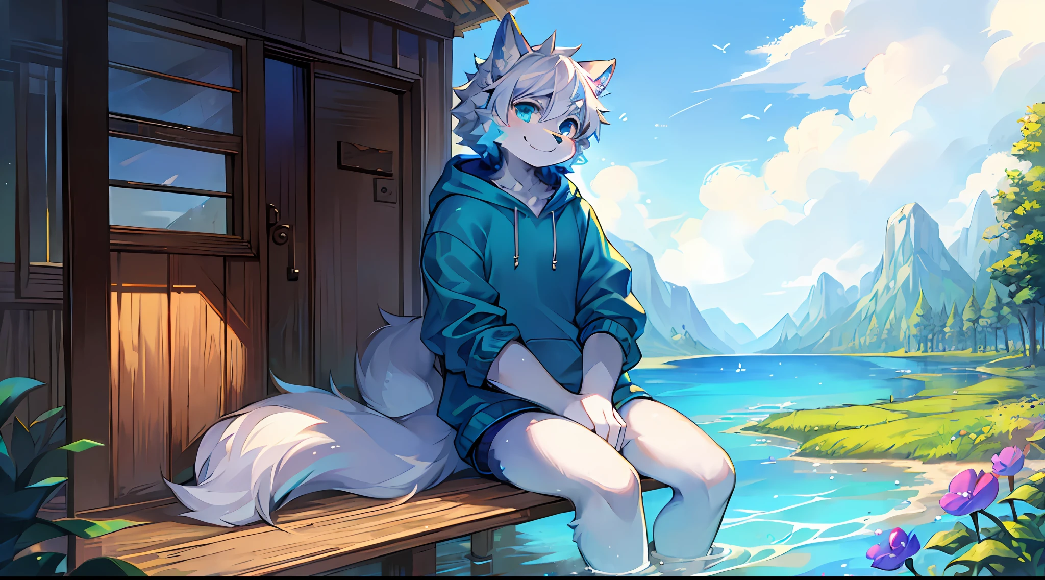 ((One)), (Anthro furry Wolf Boy), sitting quietly on a lake in the middle of the island, beautiful scenery everywhere, (Dragonfly surrounding), (Smiley face, big eyes), Soft natural light, Visual Impact 8K, No Pornography, Summer Peace, (Furry Paws), Wearing Light Blue Hoodie, Dark Blue Fur, White Hair, Cyan Pick Dye. (Note: In terms of the order of arrangement, some adjustments have been made according to my understanding)