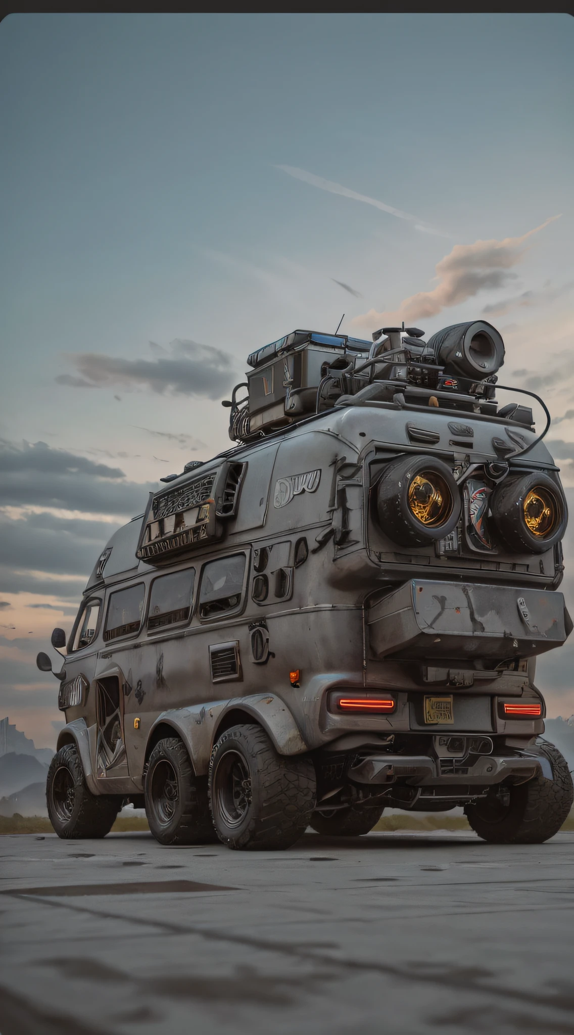 gopro shot of a (cyberpunk armored van) zeekars, 3/4 front view, wide angle action shot, post-apocalyptic, outdoors, night, road, destruction, urban decay, moonlight, full moon in background, masterpiece, photorealistic, 8k, high detail, dark theme,