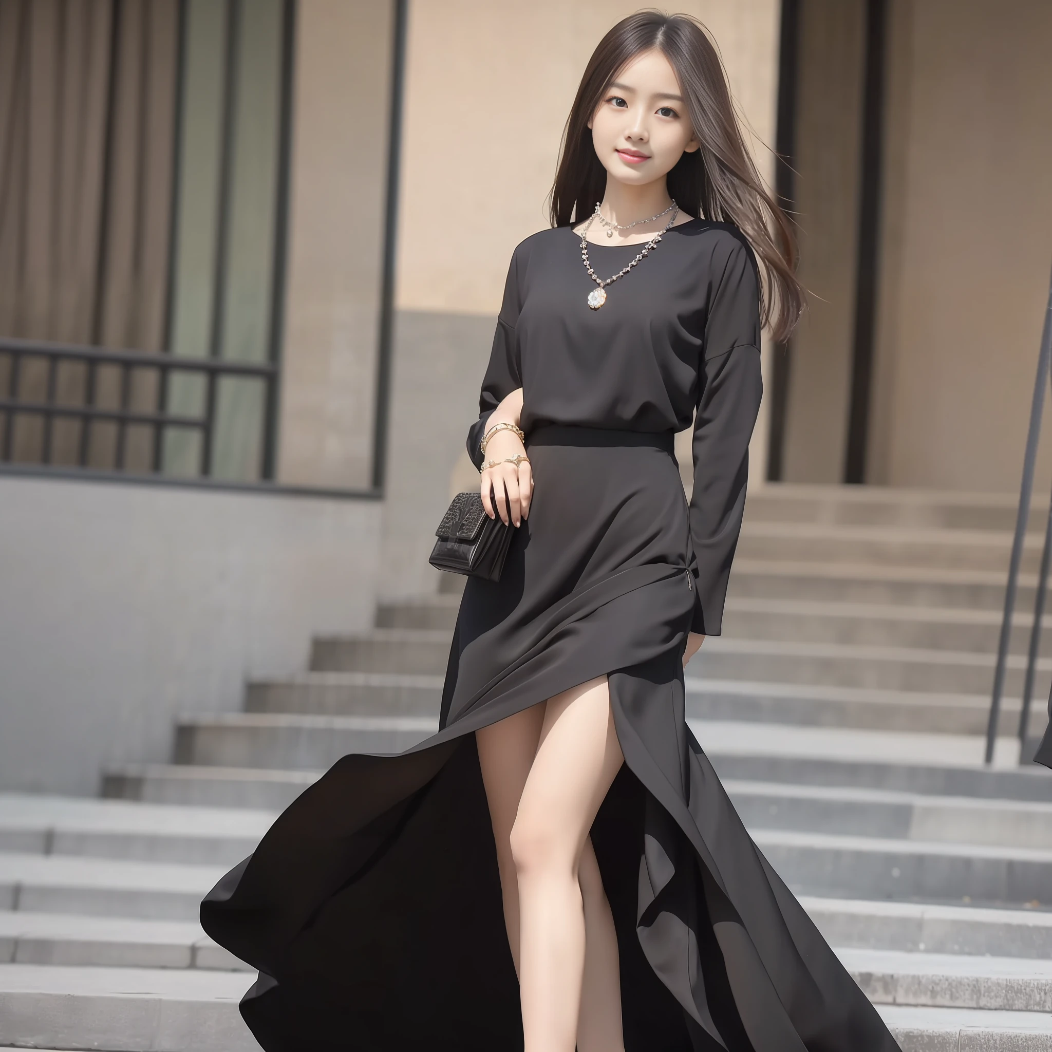 (Best quality, 8k, 32k, masterpiece, UHD: 1.2), photo of beautiful Chinese woman, (detailed face: 1.1), simple black suit, looking at the audience, full body photo: 2, necklace, dress shirt, smile, lower body long skirt, slim figure, long legs, crystal high heels: 2, height 1.7m
