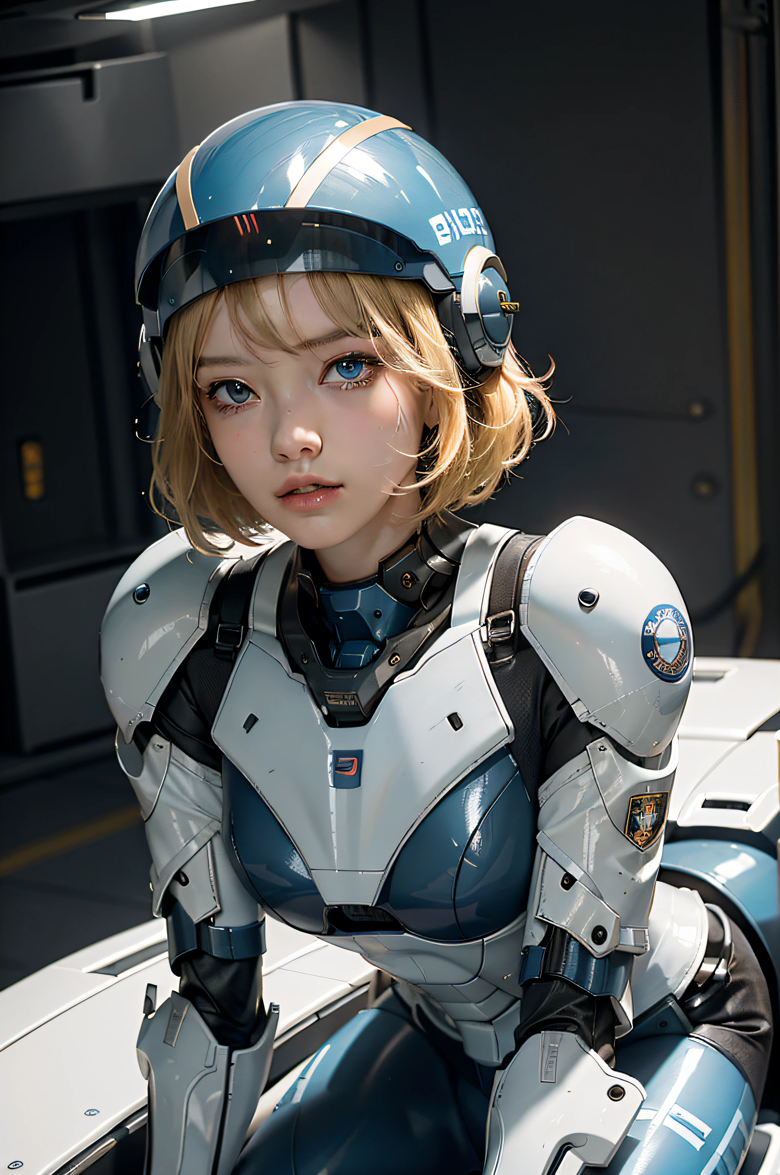 Best image quality, outstanding detail, ultra-high resolution, (realism: 1.4), best illustration, blonde short hair, prefer details, highly condensed 1girl, delicate and beautiful face, dressed in black and blue mecha, wearing a mecha helmet, wearing a black and white pilot suit, straddling the vehicle and leaning forward, the background is a high-tech lighting scene of a futuristic city.