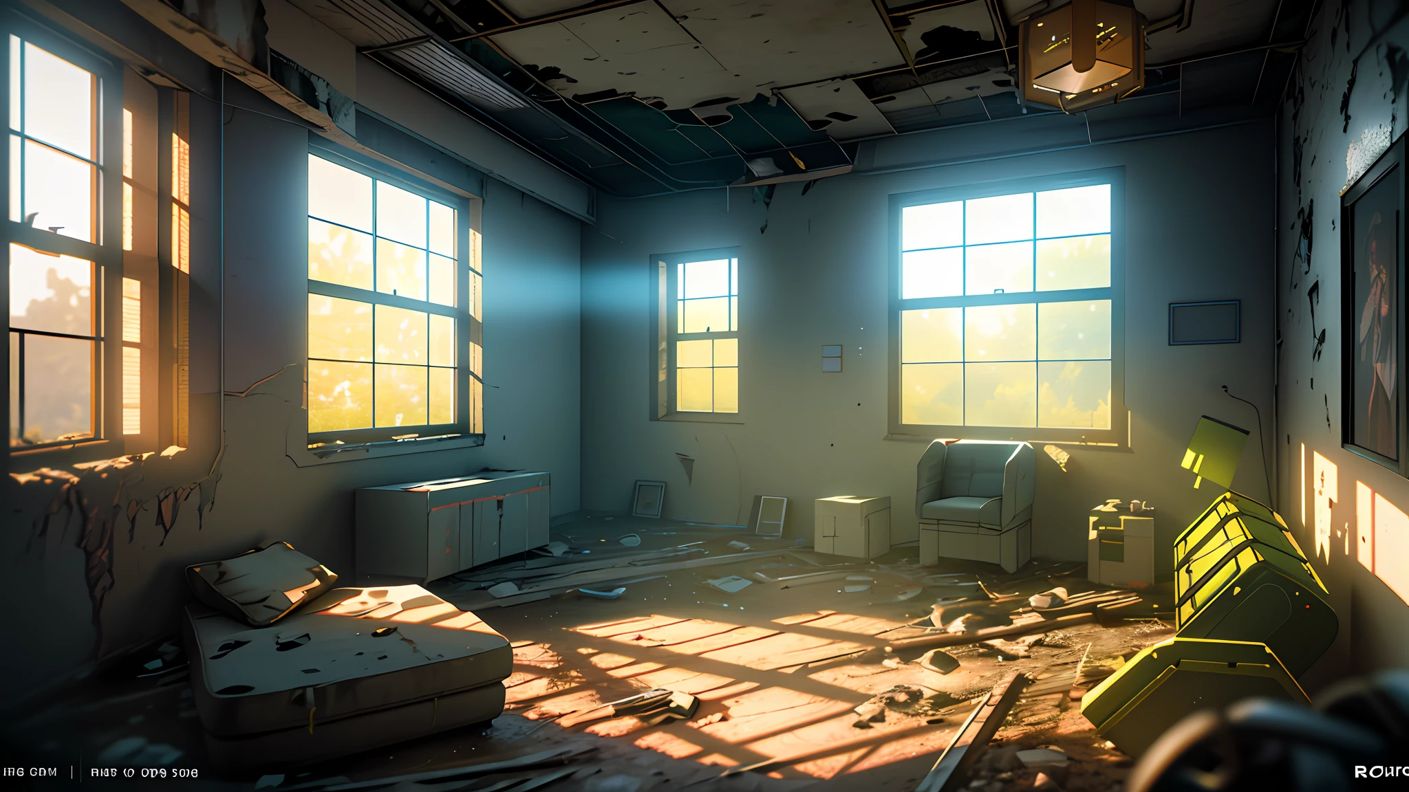 3d render of room, abandoned, dramatic color grade, moss, abandoned, broken, old, accurate color grading, rvb, Sony A7 III, Sigma Art 85 mm f/1,4 DG HSM, perfect, subsurface scattering, unreal engine, dusty sun light, dystopian world,