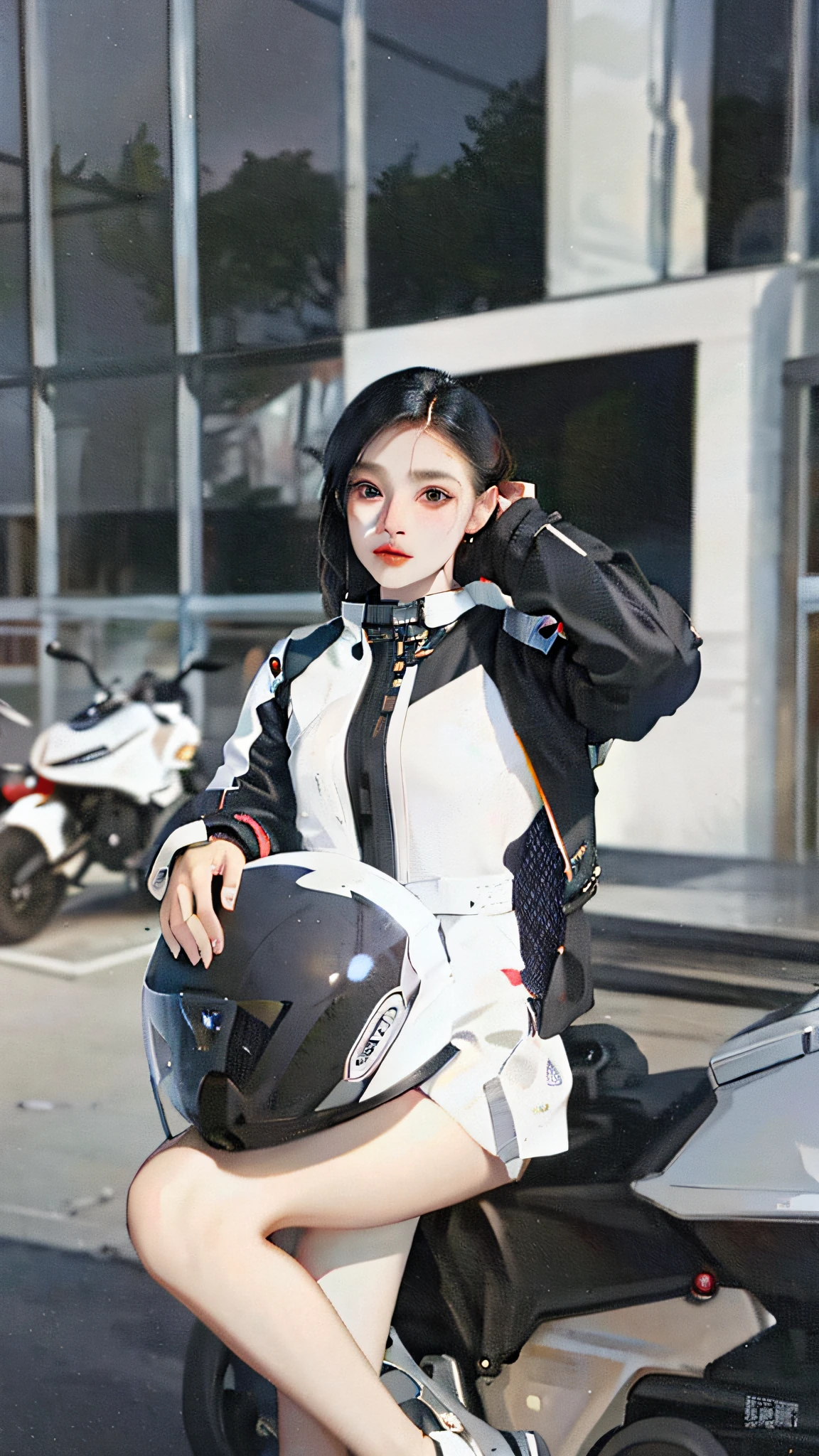 woman sitting on a motorcycle with a helmet on and a cell phone to her ear, 2 techwear women, photograph of a techwear woman, sha xi, biker, motorbiker, jacket, picture of a female biker, kanliu666, 🤬 🤮 💕 🎀, e-girl, e - girl, 🚿🗝📝, motorcycle