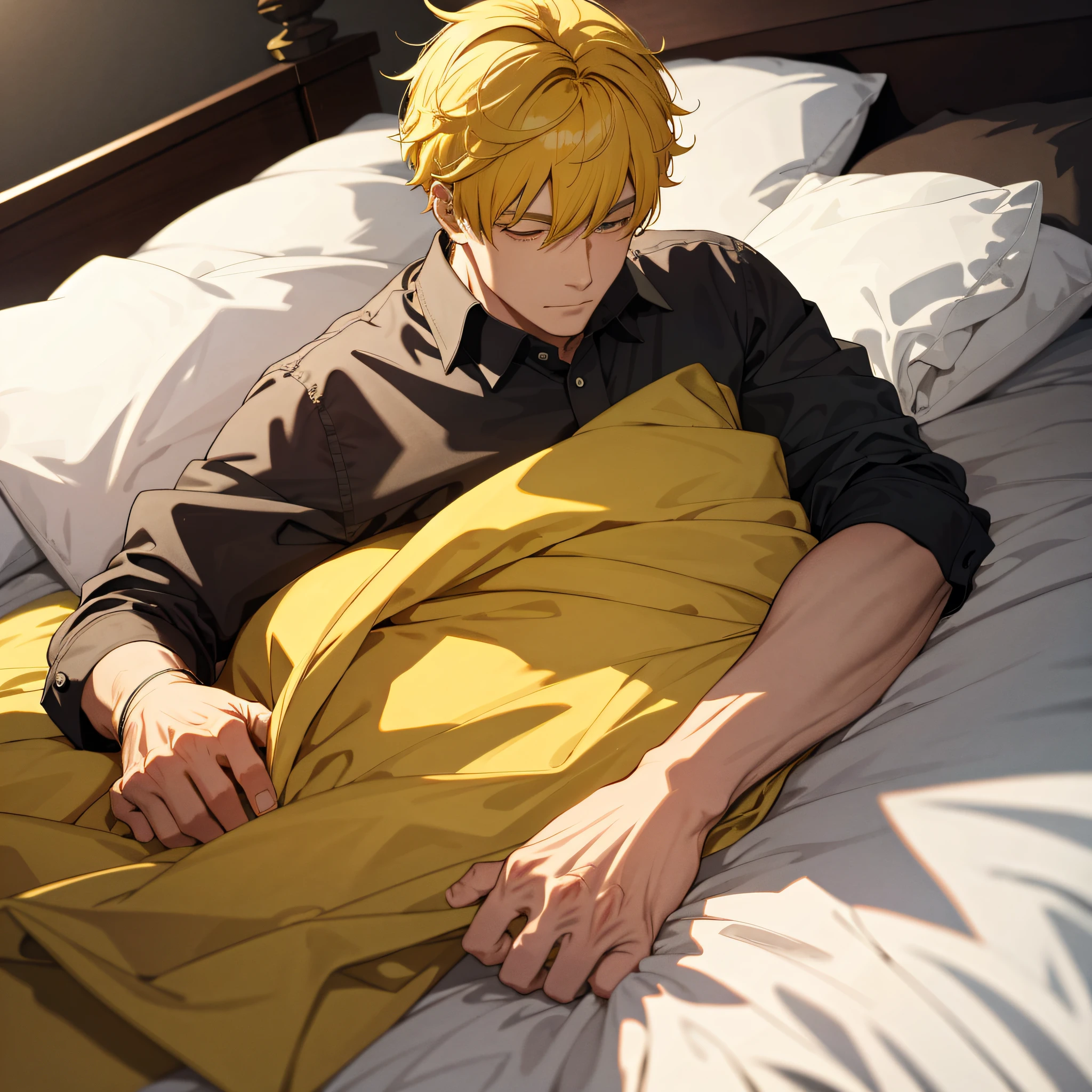 Absurd resolution, high resolution, (masterpiece: 1.4), hyper-detailed, shirt yellow haired middle-aged man, lying in bed, holding a cat