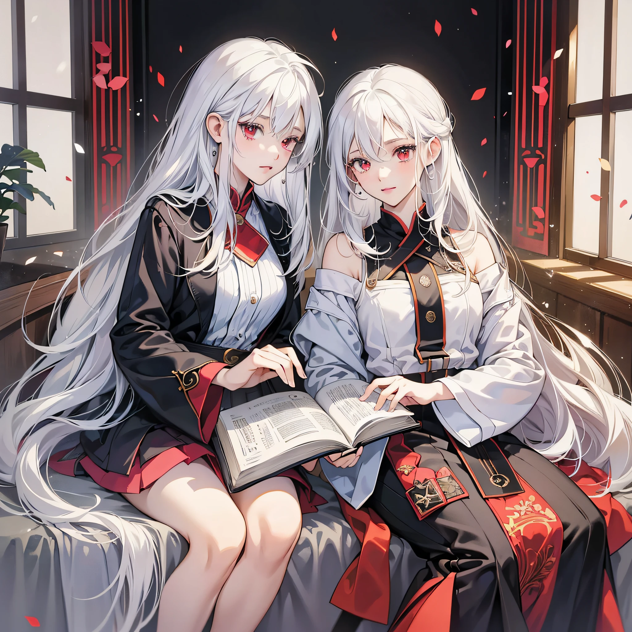 (Perfect white-haired girl + youth campus: 1.2), (anime girl + girl front style + anime visual + anime cute art style: 1.3), (long white hair + white hair + from girl front: 1.2), (one book + one book: 0.9), beautiful portrait, harmony fusion, rich picture detail, clarity, strong texture. White silk, long legs, red eyes --auto --s2