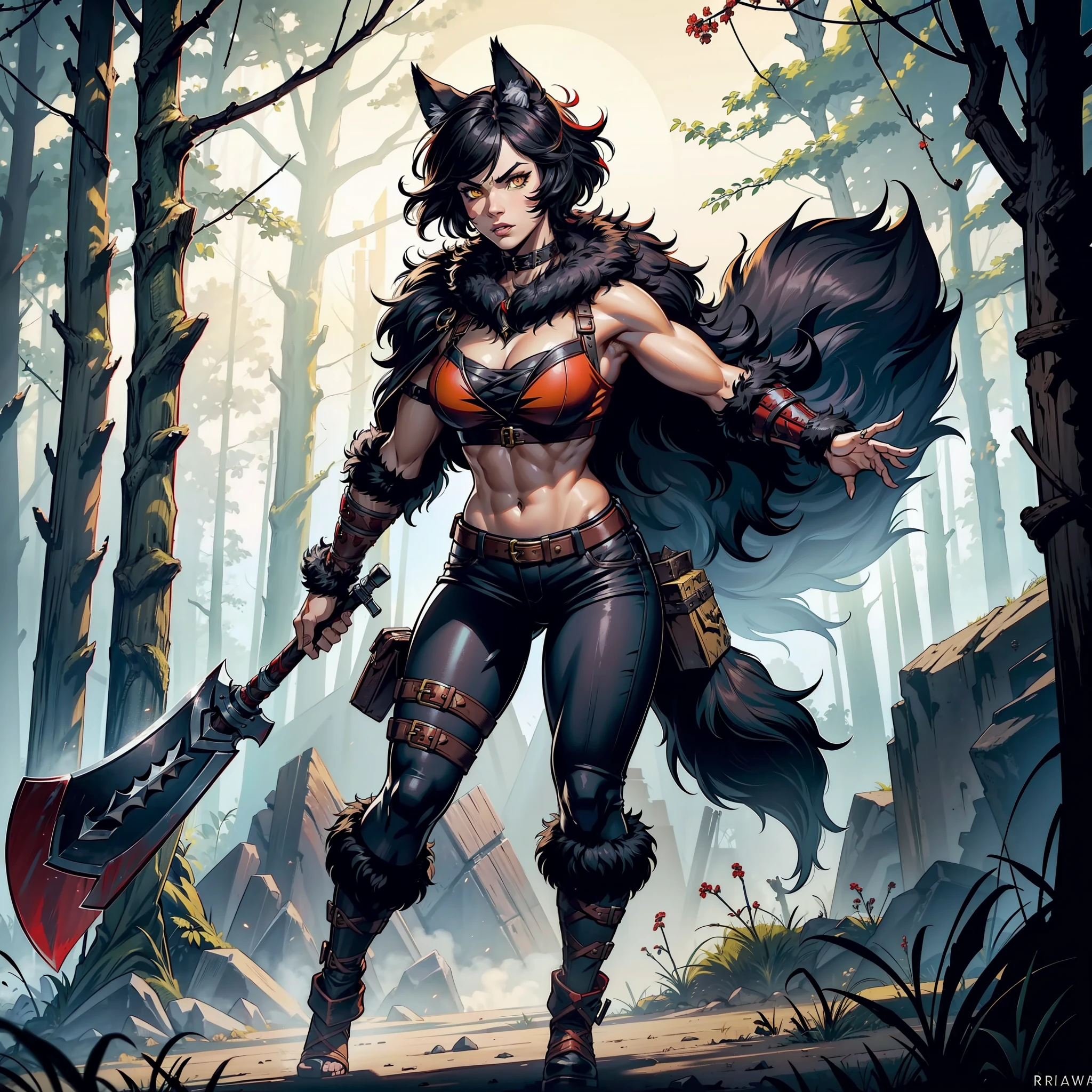 (((1 Female))) barbarian, full body, short hair, black hair, bright yellow eyes, wolf fur coat, pants, red hood, full armor, axe, muscular, war paint, black forest, shadows, wolf ears, dynamic pose