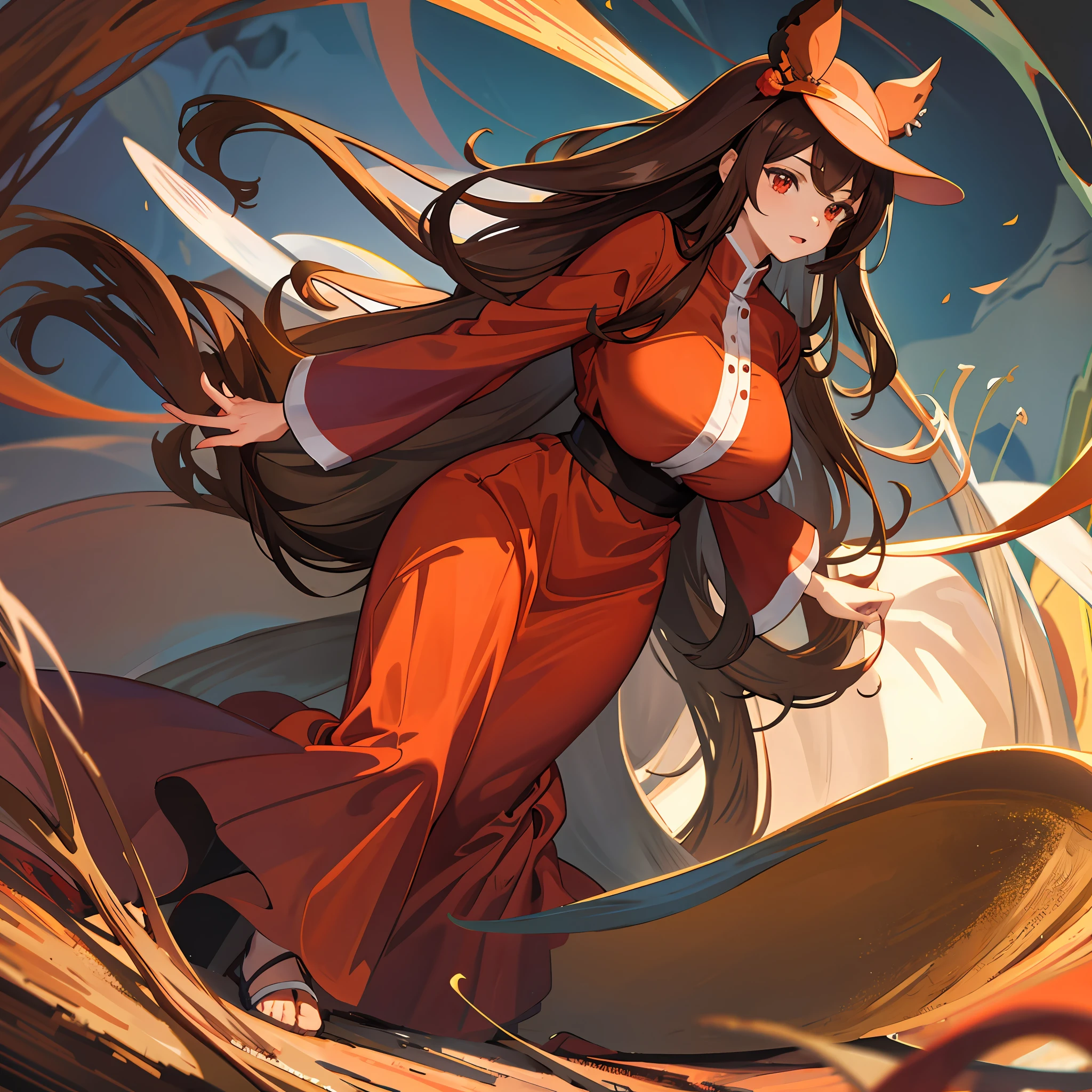 Large woman, 1 woman, red eyes, brown clothes, brown hair, full-length, oak grove