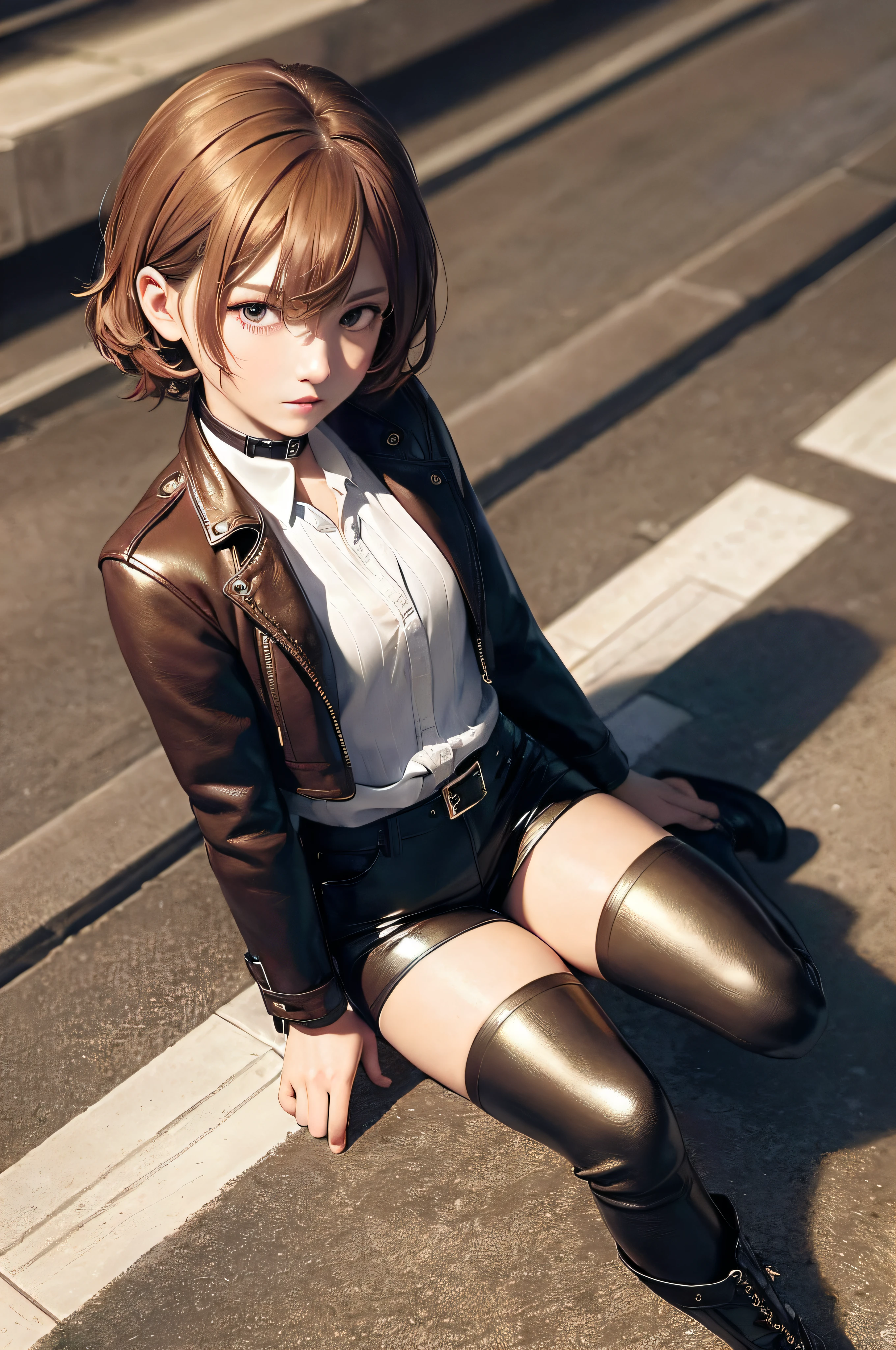 ((Medium, Tomboyish, Small Head)), (Perfect Body: 1.1), (Short Wavy Hair: 1.2), Reddish Brown, Collar, Full Body Shot, Crowded City, Leather Jacket, Long Leather Pants, White Shirt with Collar, (Very Elaborate CG 8K Wallpaper), (Very Delicate and Beautiful), (Masterpiece), (Best Quality): 1.0), (Ultra High Definition: 1.0), Beautiful Lighting, Perfect Lightning, Realistic shadows, [High Resolution], Detailed skins, Super Detail ((Colorful)), Long Boots,