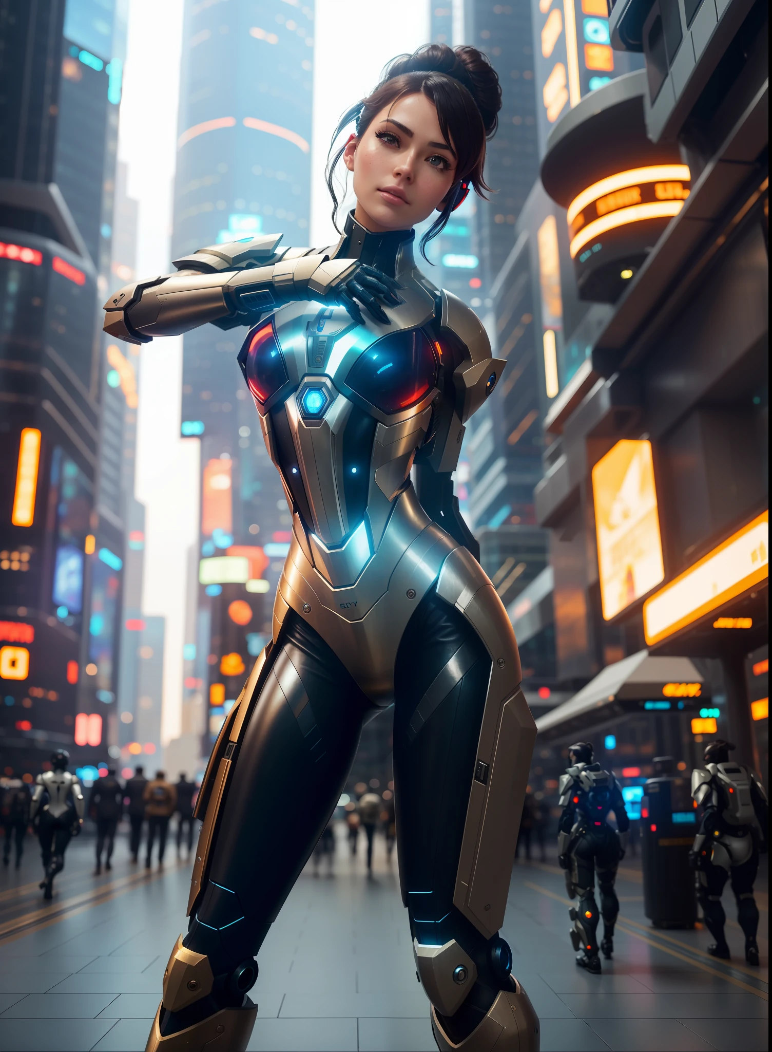 a woman in a futuristic suit posing in a city, cyber suit, cybersuit, [ trending on cgsociety ]!!, girl in mecha cyber armor, cyberpunk suit, cybersuits, scifi woman, cyberpunk judy alvarez, diverse cybersuits, sci - fi suit, cgsociety cyberpunk, wojtek fus, cgsociety 8k, cgsociety 8 k