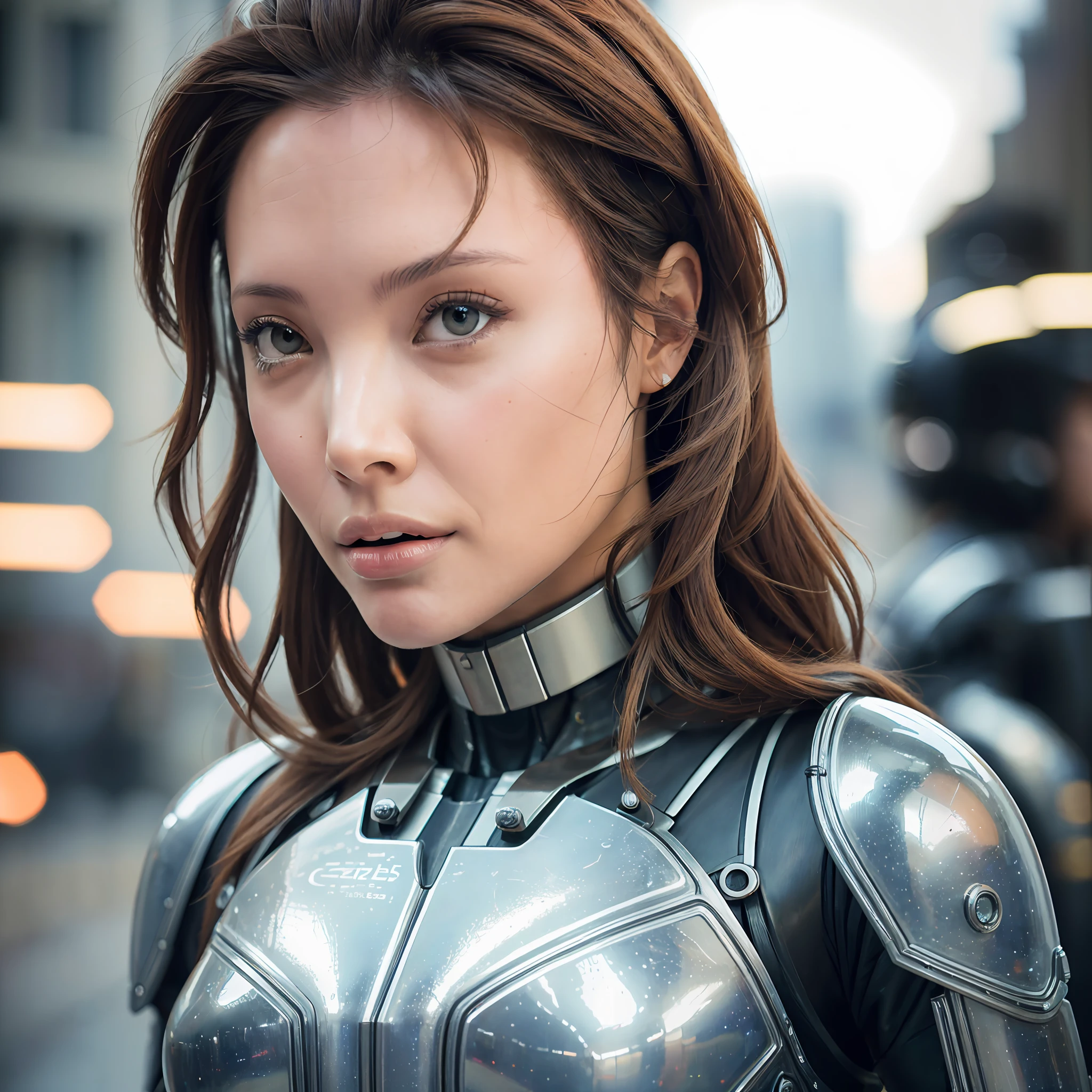 closeup Portrait photo of muscular woman in a mech suit worn, ((clear bokeh)), intricate, (steel metal [rust]), elegant, sharp focus, photo angelia jolie, soft lighting, vibrant colors, masterpiece, ((streets)), detailed face