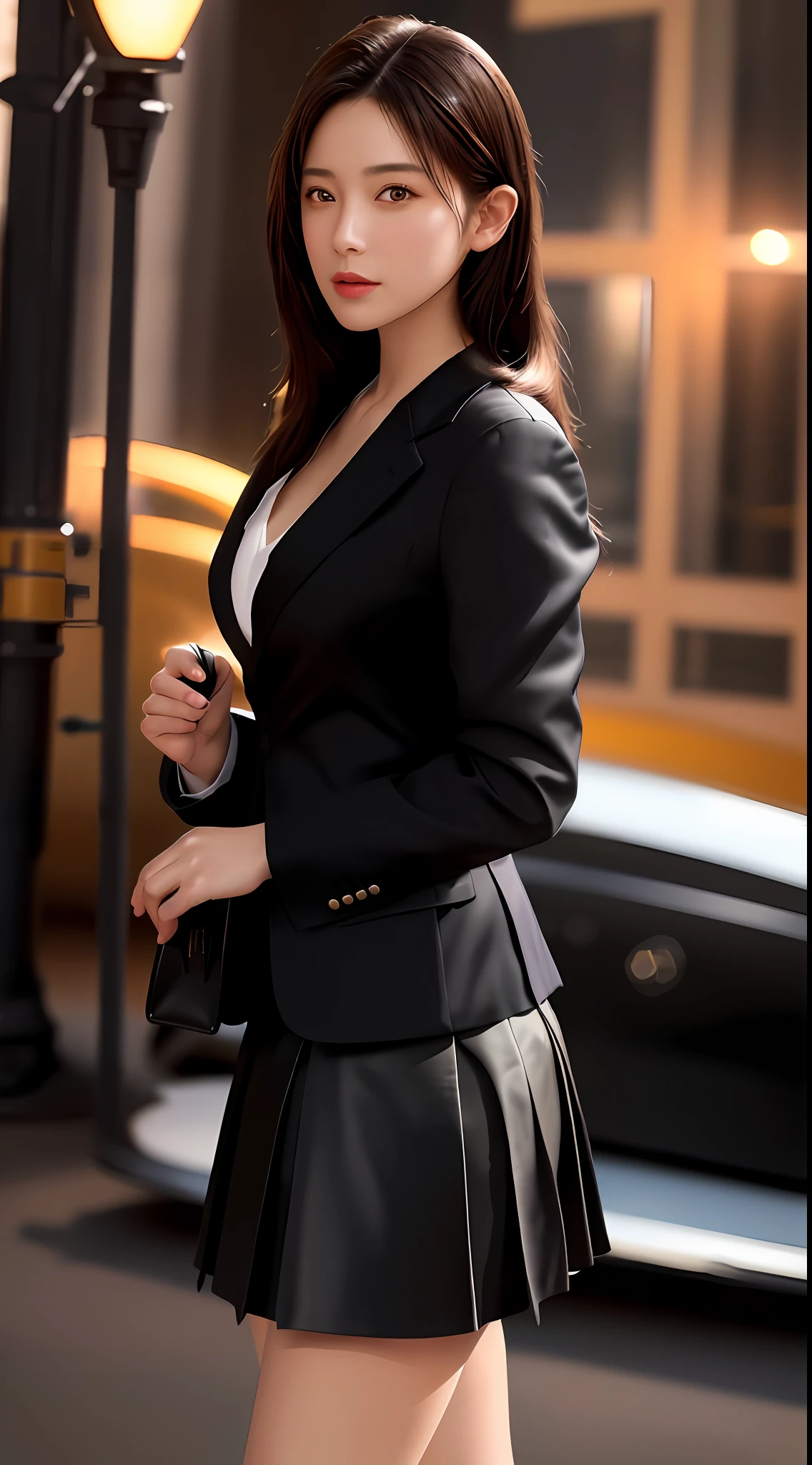 best quality, masterpiece, 1girl, Beautiful face, (photo realistic:1.3), rim lighting, (high detailed skin:1.2), 8k uhd, dslr, high quality, high resolution, 4k, 8k, Bokeh, absurdres, best ratio four finger and one thumb, (realistic:1.3), cute 1girl, wearing black formal blazer, medium breasts, short skirt,