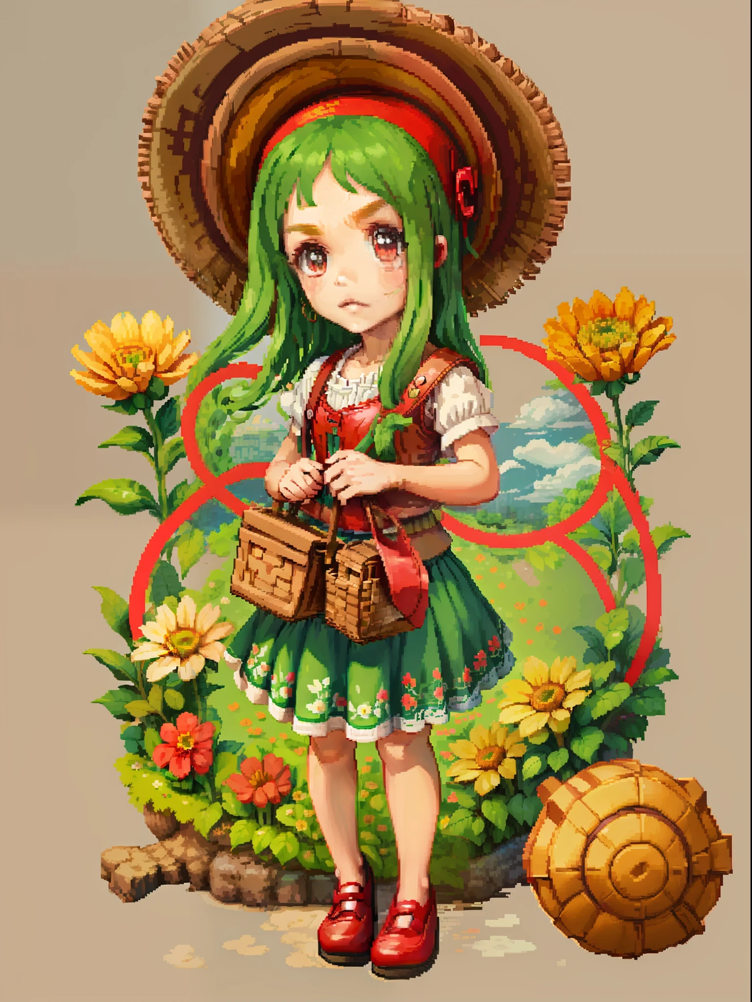 A Q version of a ***********, straw hat, flower basket, floral skirt, little red leather shoes, (((strong pixel style)))