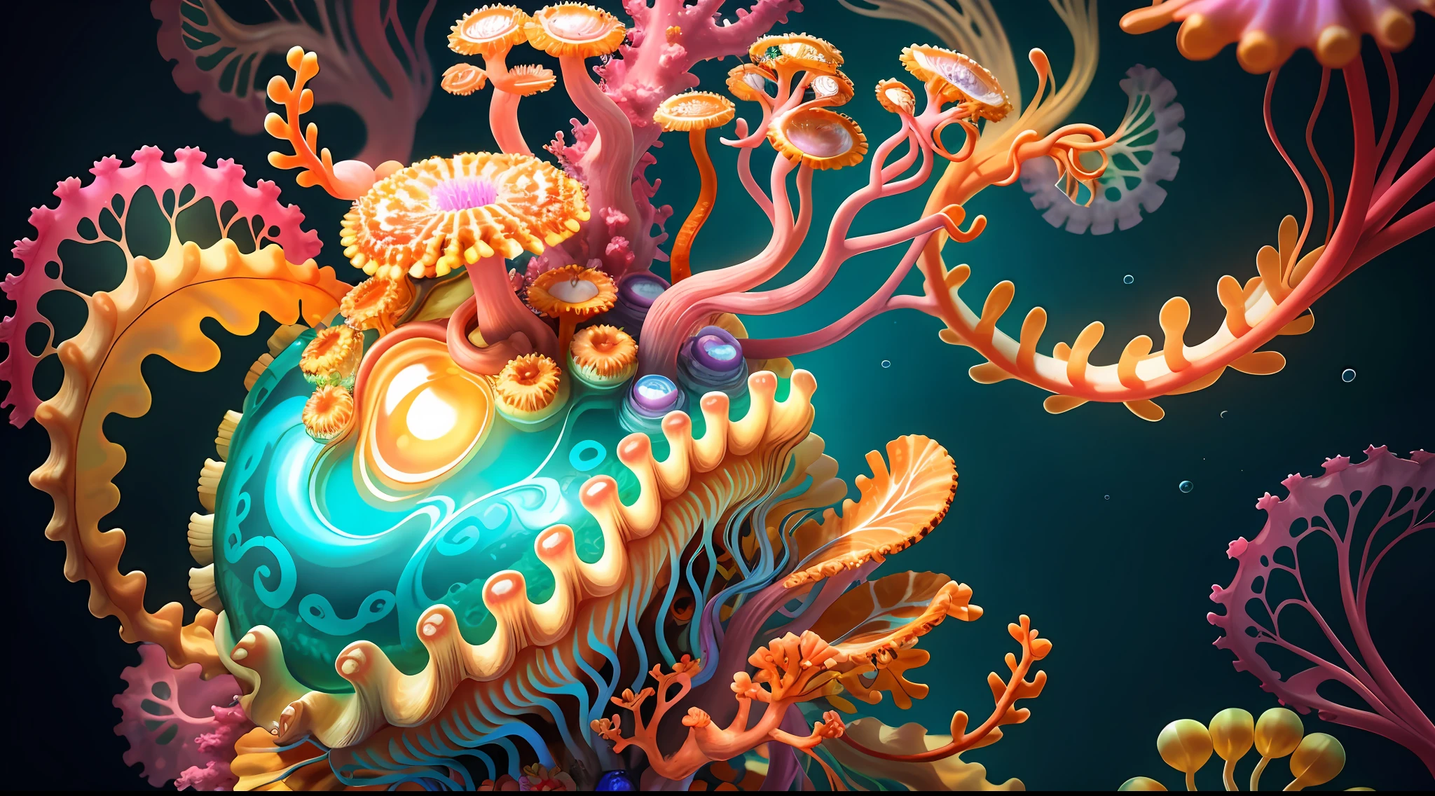 Colorful, master composition, focus on key figures, realism, masterpiece, award-winning, best quality, masterpiece, ultra-detailed, 8K, extremely detailed CG Unity 8k wallpaper, complex, highly detailed, realistic, "under water, intricate details, macro shot glowing jellyfish girl, coral, light bulb, brightness, (neutral color: 1.2), ultra-detailed, cinematic, complex background, huge ocean twisted Mandelbrot fractal shell, golden pearl nacre, hyper detail, ArtStation, Octane Renderer, (Color Acne: 1.3)",