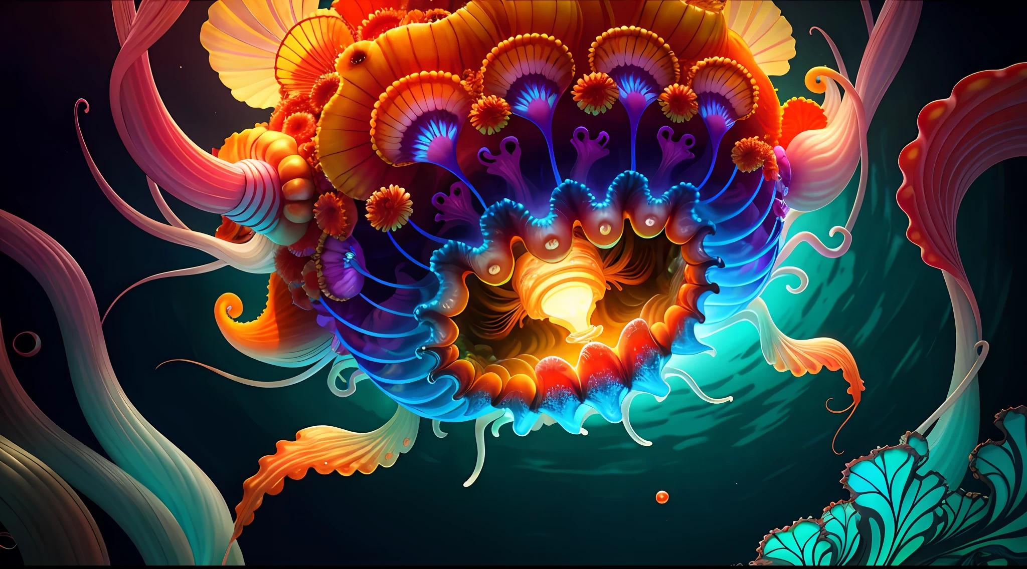 Colorful, master composition, focus on key figures, realism, masterpiece, award-winning, best quality, masterpiece, ultra-detailed, 8K, extremely detailed CG Unity 8k wallpaper, complex, highly detailed, realistic, "under water, intricate details, macro shot glowing jellyfish girl, coral, light bulb, brightness, (neutral color: 1.2), ultra-detailed, cinematic, complex background, huge ocean twisted Mandelbrot fractal shell, golden pearl nacre, hyper detail, ArtStation, Octane Renderer, (Color Acne: 1.3)",