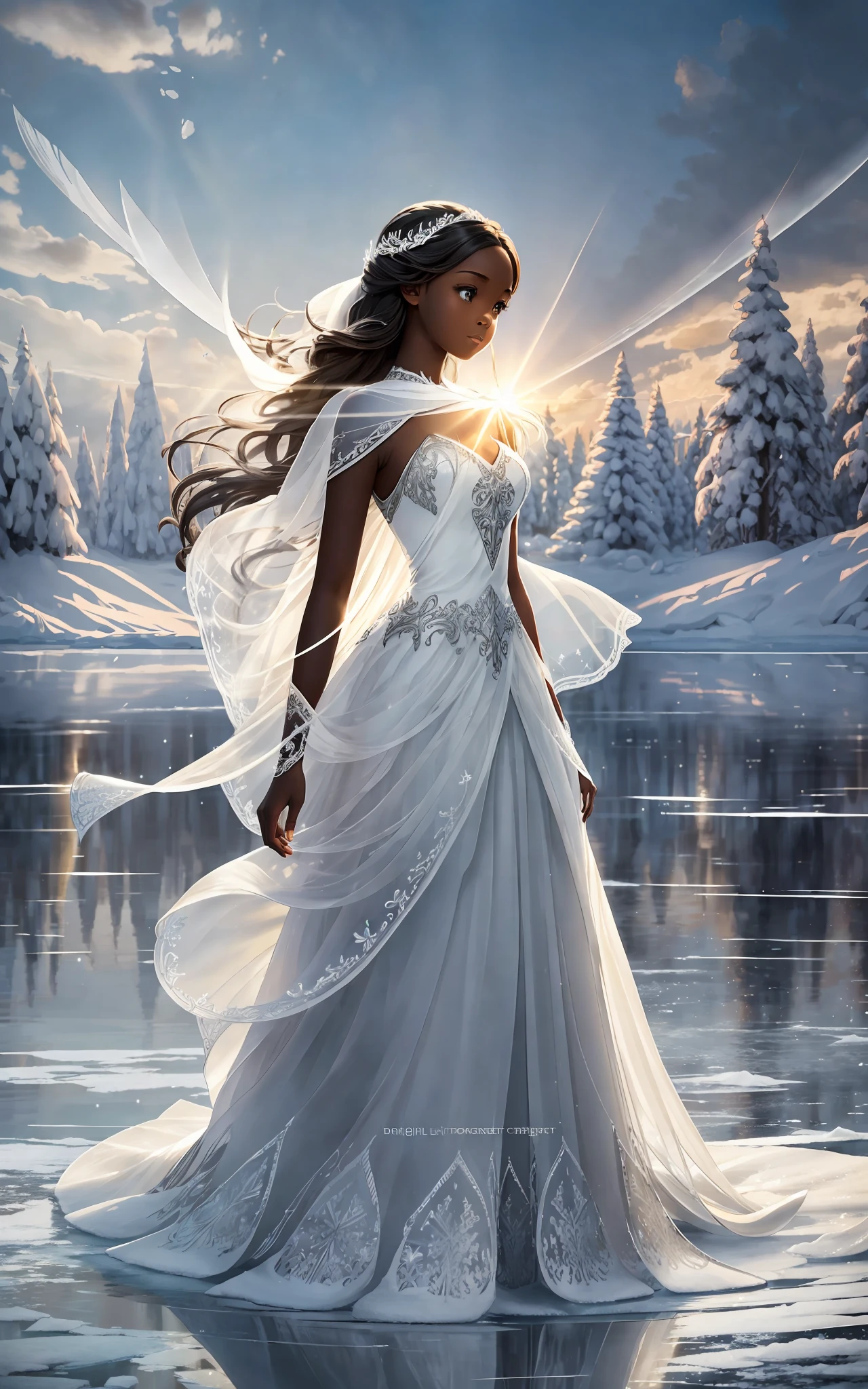 award winning 64k concept art of (black 1girl:1.2) in white majestic open dress standing proudly on the ice of the frozen lake, posing, epic, god rays, centered, (masterpiece:1.2), (best quality:1.2), Amazing, highly detailed, beautiful, finely detailed, warm soft color grading, Depth of field, extremely detailed 64k, fine art, stunning, iridescent, shiny, (light reflections:1.2), (crisp:1.5), silver curls, wind, vibrant, sunlit, (edge detection:1.2), absurdres, impressive, 120mm