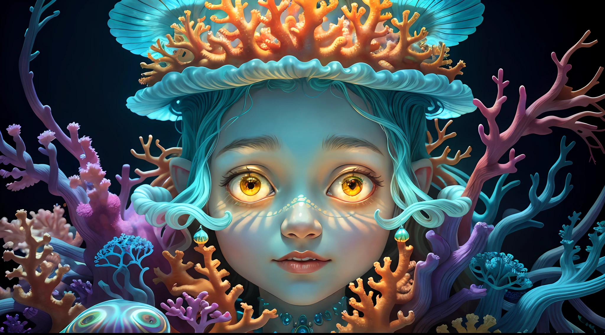 Colorful, master composition, focus on key figures, realism, masterpiece, award-winning, best quality, masterpiece, ultra-detailed, 8K, extremely detailed CG Unity 8k wallpaper, complex, highly detailed, realistic, "under water, intricate details, macro shot glowing jellyfish girl, coral, light bulb, brightness, (neutral color: 1.2), ultra-detailed, cinematic, complex background, huge ocean twisted Mandelbrot fractal shell, golden pearl nacre, hyper detail, ArtStation, Octane Renderer, (Color Acne: 1.3)",