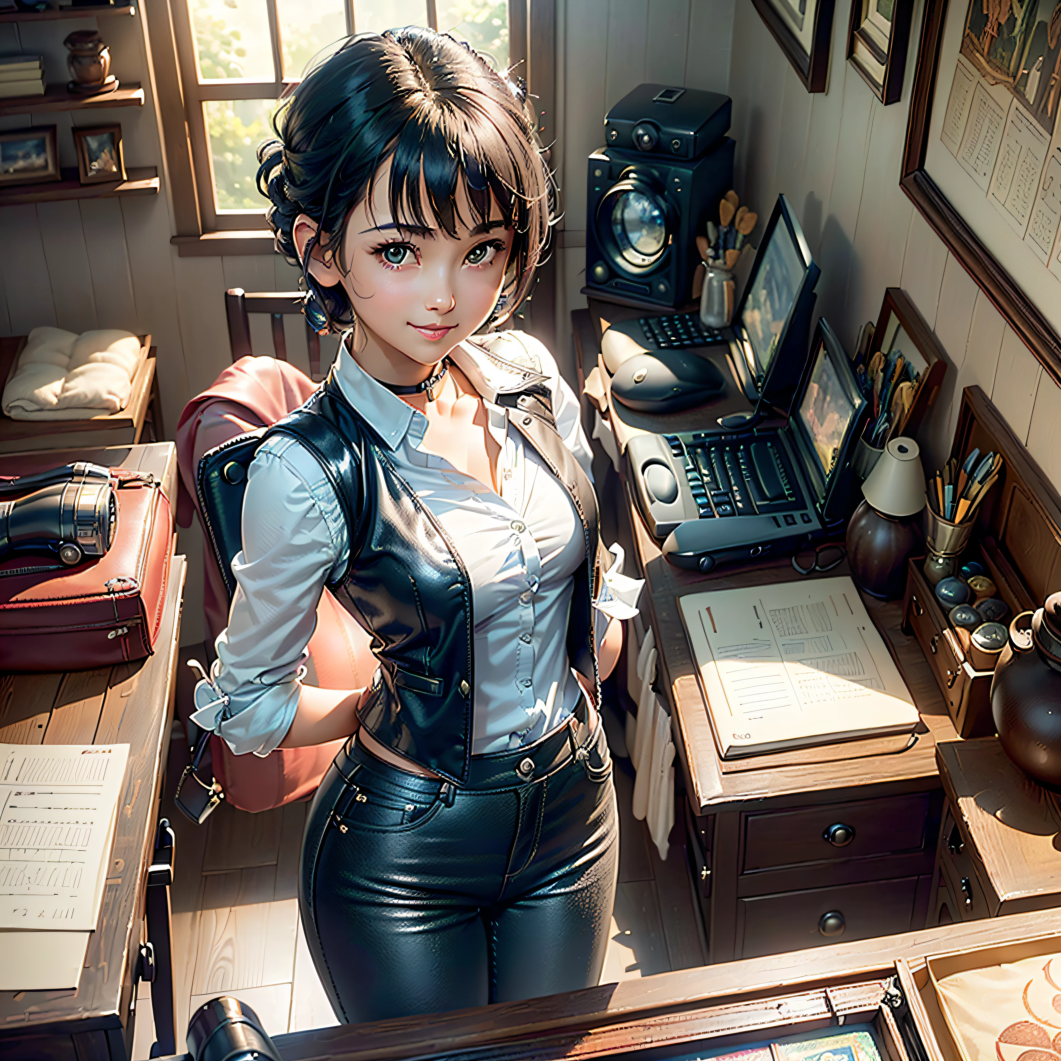 (Masterpiece, highest quality, highest resolution, distinct_image, very elaborate CG, cinematic lighting, ray tracing, drop shadows, detailed detail, (photorealistic: 1.4), high quality textures, fine-grained, realistic facial expressions): (lone girl, face is Japan, blue short hair, hair tied back, small size breasts, Sparkly eyes, eye level shots, happy smile, beauty, slim body, holiday, own room, console games, computer, display, keyboard, mouse, long leather pants, white shirt with collar, leather vest, cardian, handgun holder, carrying leather bag on back, long boots, antique radio, coffee, Model trains, bookshelves, wooden chairs, pots, fans, paintings, stuffed animals, ties, notebooks, stationery, vases, photo frames, letters, fountain pens, calendars, lamps, cushions, baskets, full-length mirrors, candles, newspapers, sweets, park view outside the window, telephone, fruit, telescope, retro TV, camera, )