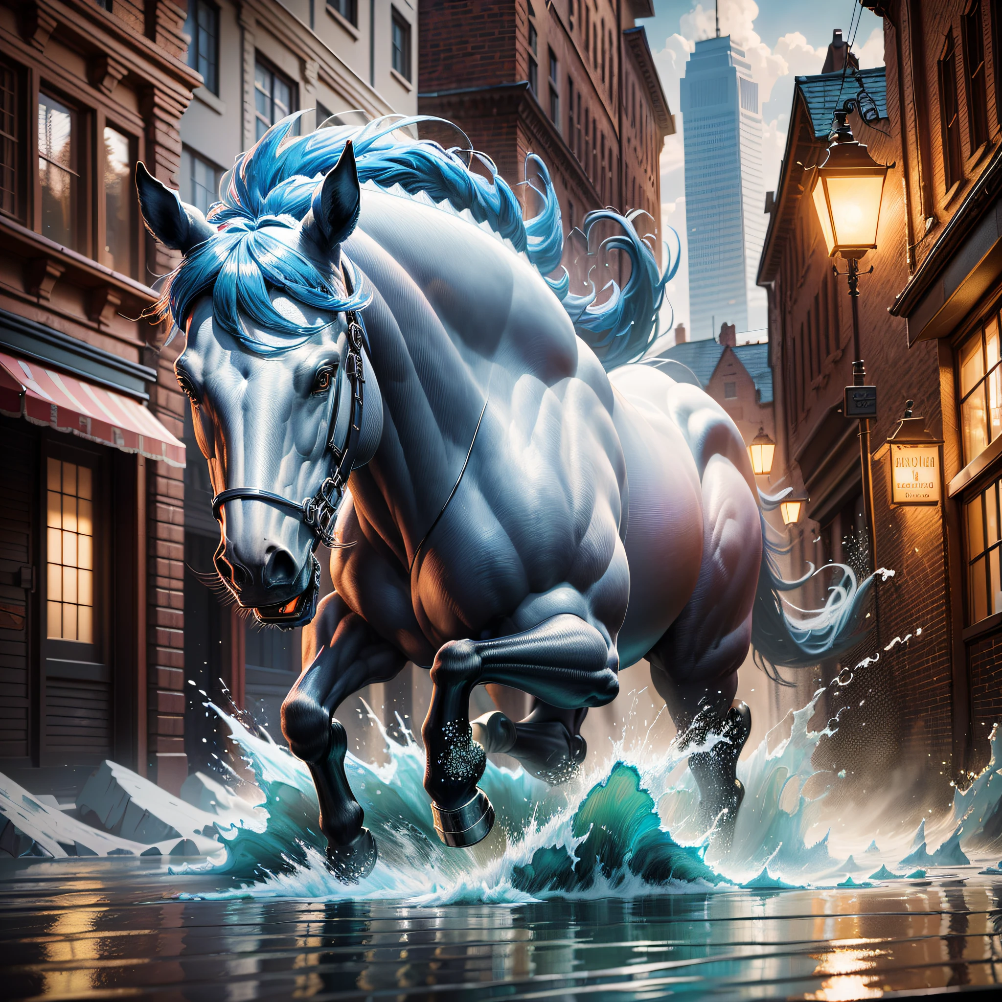 there is a horse that is running through the water, digital horse, dan mumford. octane render, 3 d epic illustrations, stylized urban fantasy artwork, highly detailed digital painting, realistic fantasy illustration, closeup fantasy with water magic, digital painting highly detailed, dan mumford. 8 k octane render, 4k highly detailed digital art, hyperrealistic fantasy art, stunning digital illustration