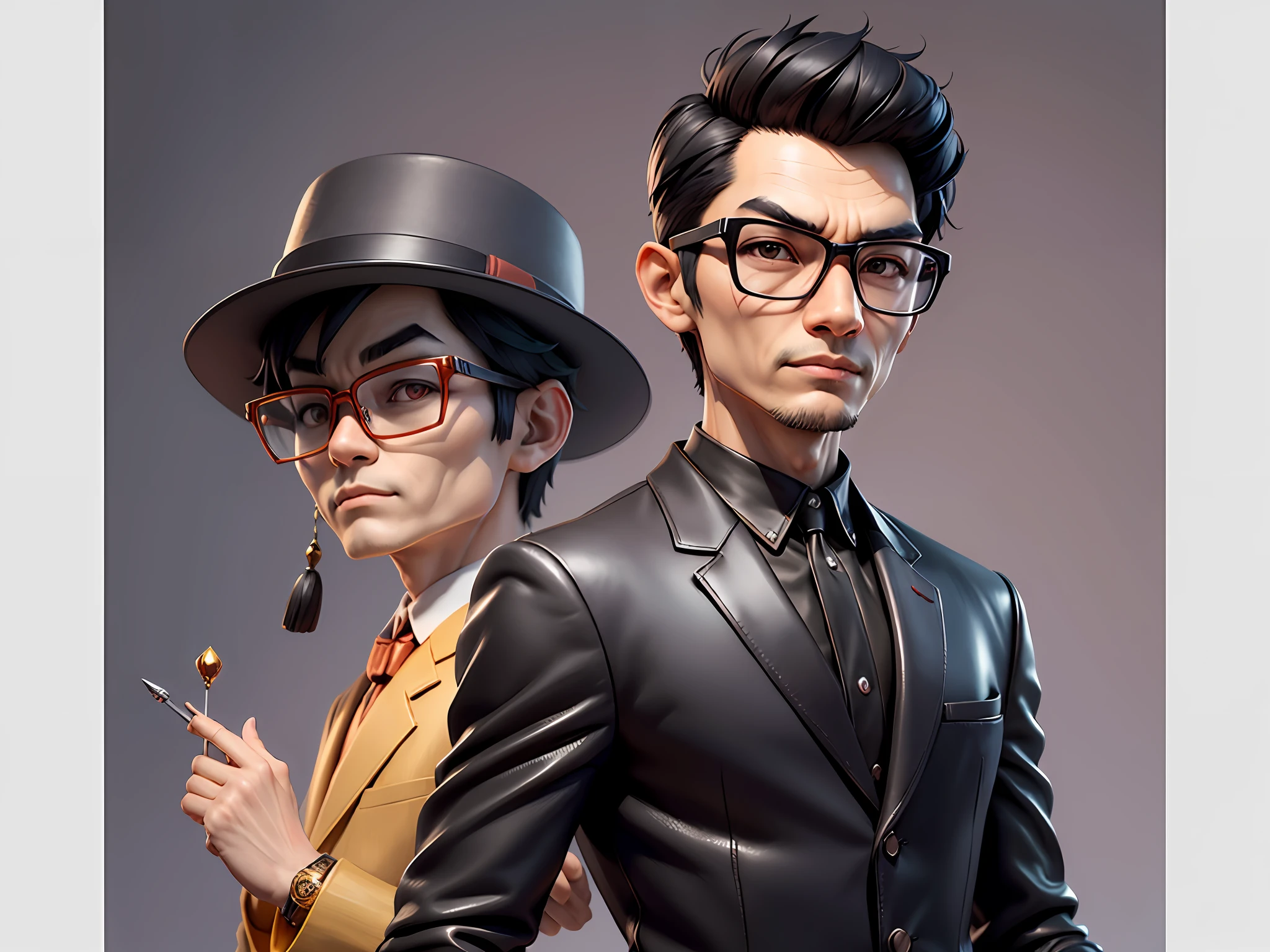 Young man with oriental face in leather hat, tiger, oriental face in formal suit, short black hair, silver glasses, digital painting, 3D character design by Mark Clairedon and Pixar and Hayao Miyazaki and Akira Toriyama, the illustration is a high-definition illustration in 4K resolution with very detailed facial features and cartoon-style visuals.